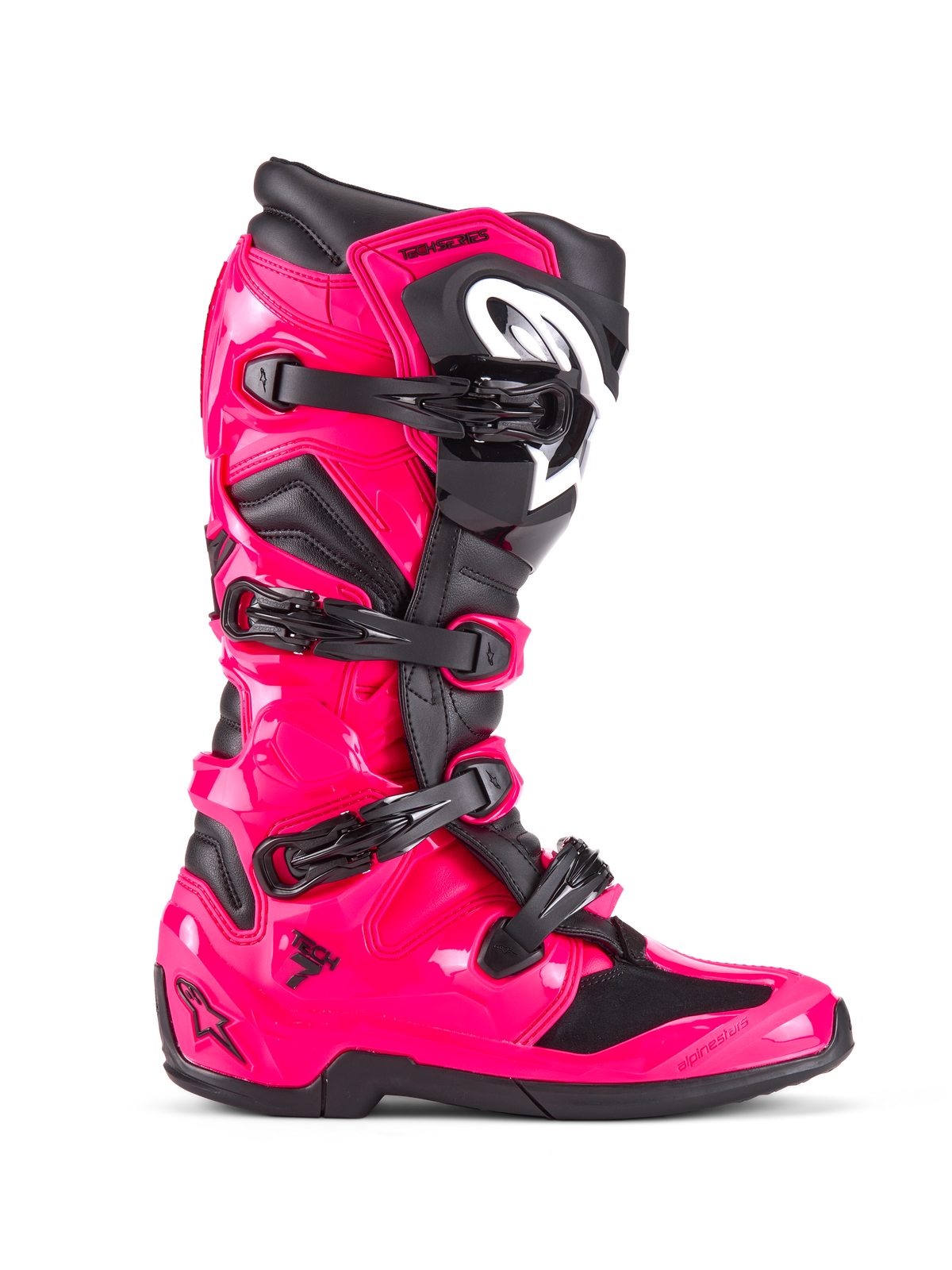 Alpinestars Tech 7 Boots, Motocross Off-Road Boots, Diva Pink and Black, glossy pink TPU shell with black accents, four adjustable black buckles, reinforced shin guard, professional racing footwear