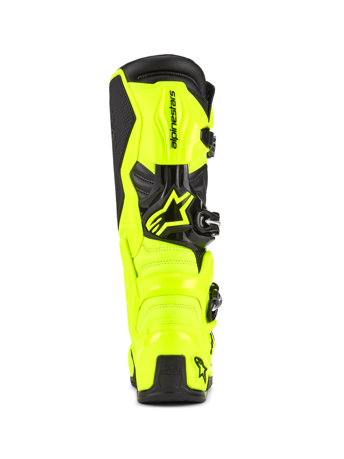 Alpinestars Tech 7 Motocross-Stiefel, Gelb Fluo und Schwarz, Rückansicht mit schützender TPU-Konstruktion und Fersenkappe, markantes Alpinestars-Logo, lebendiges High-Visibility-Design für Offroad-Performance.