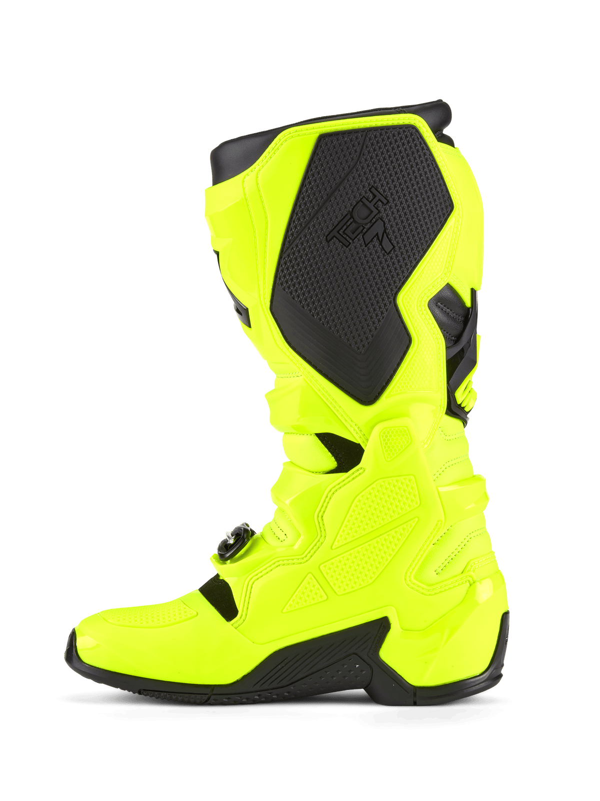 Alpinestars Tech 7 Stiefel, Motocross-Stiefel, Gelb Fluo und Schwarz, Seitenprofilansicht, welche die TPU-Schalenkonstruktion, das Schnallenverschlusssystem und die schwarzen Schutzpaneele mit Branding hervorhebt, entwickelt für Strapazierfähigkeit und Offroad-Rennsport