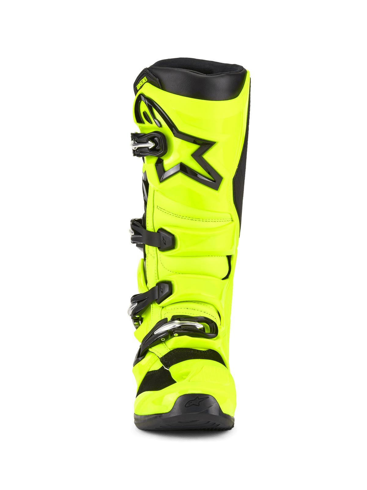 Alpinestars Tech 7 Stiefel, Motocross-Stiefel, Gelb Fluo und Schwarz, Frontansicht, mit einer leuchtend neongelben TPU-Schale, schwarzem Alpinestars-Sternlogo auf dem Schienbein und verstellbarem Schnallenverschlusssystem für Offroad-Performance.