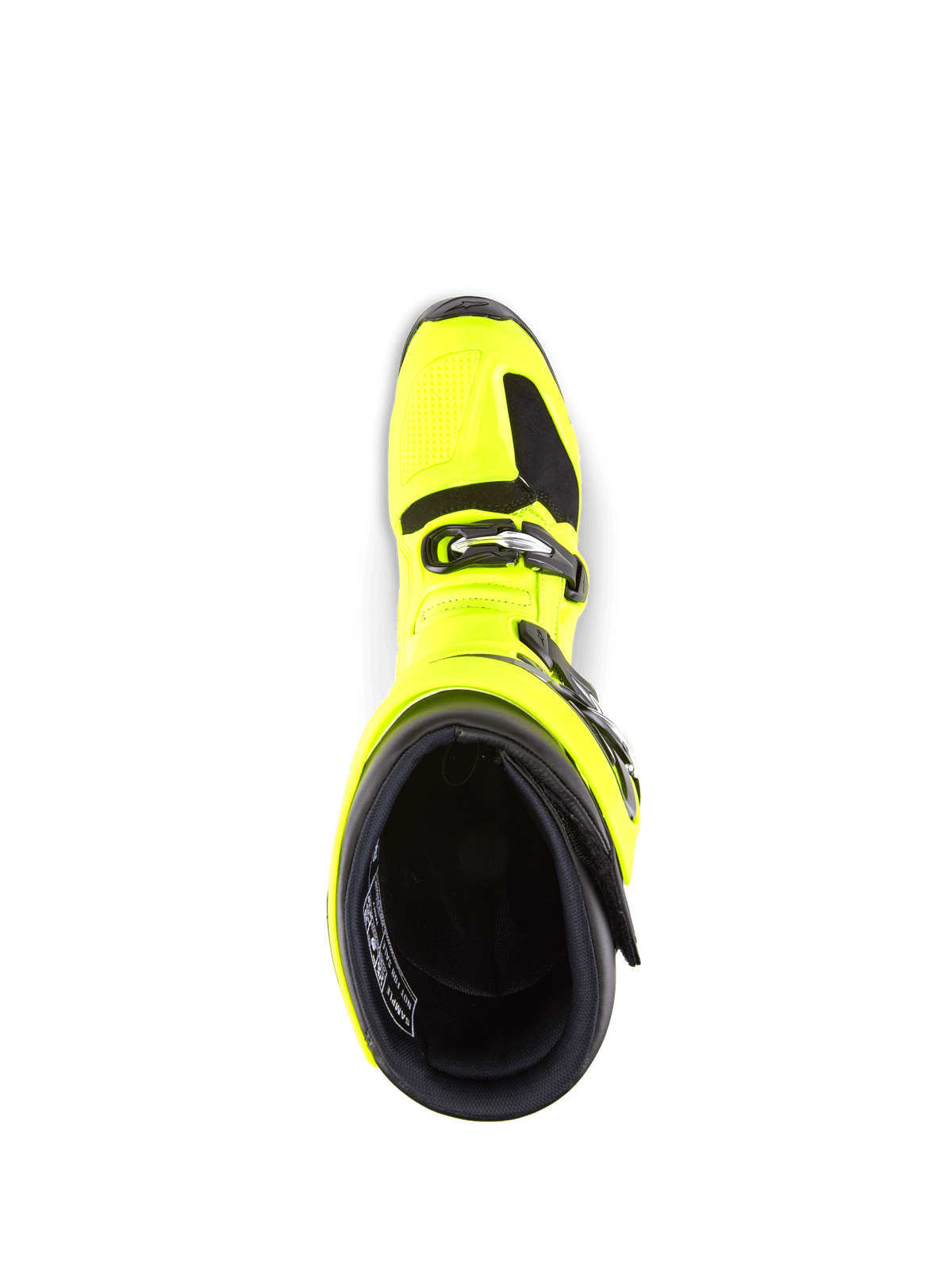 Alpinestars Tech 7 Stiefel, Motocross-Stiefel, Gelb Fluo und Schwarz, Draufsicht mit Blick in das Innere, zeigt das Schnallenverschlusssystem und den gepolsterten Schaftrand