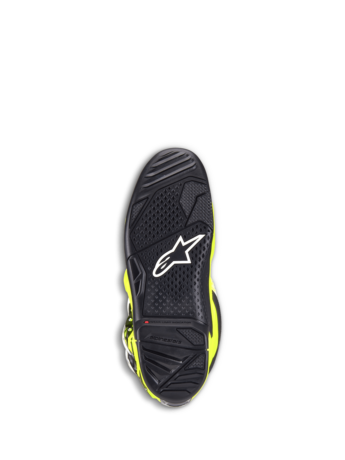 Alpinestars Tech 7 Stiefel, Motocross-Stiefel, Gelb Fluo und Schwarz, Unteransicht der schwarzen Gummisohle mit strukturiertem Profilmuster, weißem Stern-Logo und einer roten Verschleißanzeige für Offroad-Strapazierfähigkeit