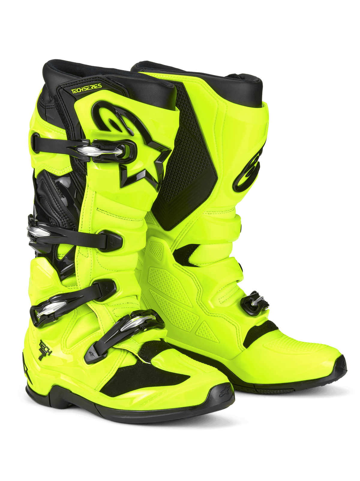 Alpinestars Tech 7 Motocross-Stiefel, Gelb Fluo und Schwarz, mit einem Vier-Schnallen-Verschlusssystem, TPU-Schutzschale, schwarzem Astars-Logo auf dem Schienbein und robuster Dual-Compound-Sohle für den Offroad-Rennsport