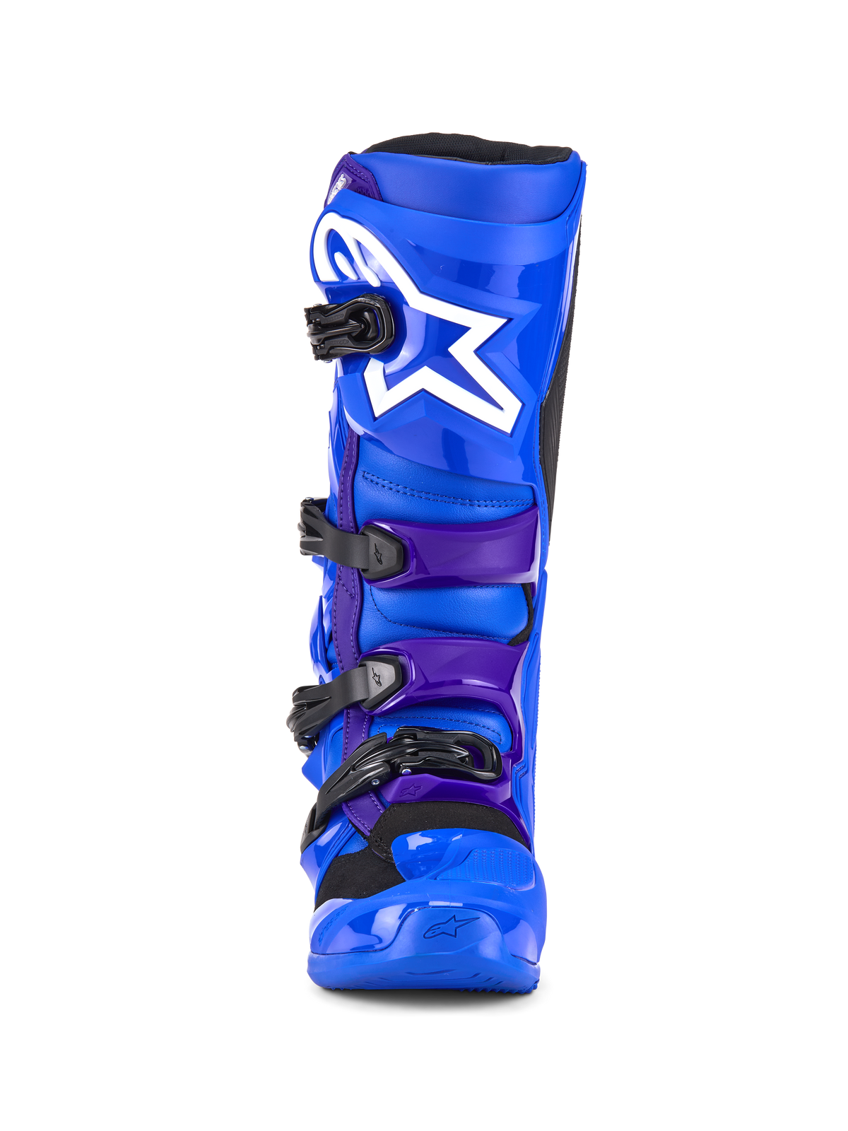 Bottes Alpinestars Tech 7, bottes de motocross, bleu et violet, avec un logo étoile blanc sur la plaque tibiale, système de fermeture à quatre boucles et construction en TPU renforcé pour la course tout-terrain, vue de face