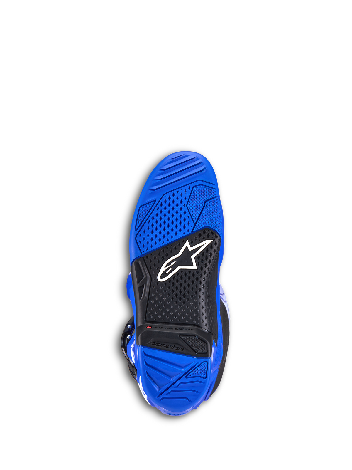 Bottes Alpinestars Tech 7, bottes de motocross, bleues, vue de dessous de la semelle montrant le caoutchouc texturé bleu et noir, logo Alpinestars blanc et indicateur de limite d'usure rouge, chaussures tout-terrain durables