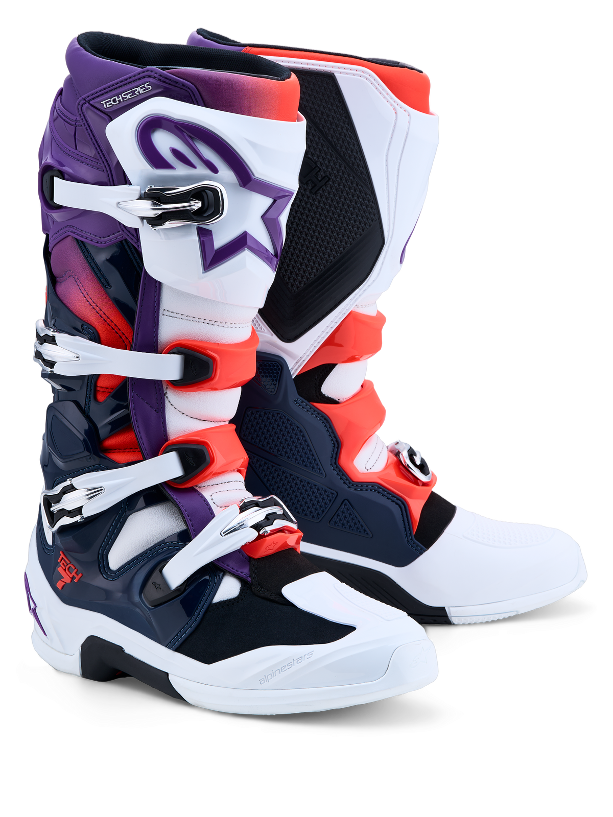 Alpinestars Tech 7 laarzen, motorcrosslaarzen, paars, wit, donkerblauw en fluo rood, CE-gecertificeerd met TPU-bescherming.