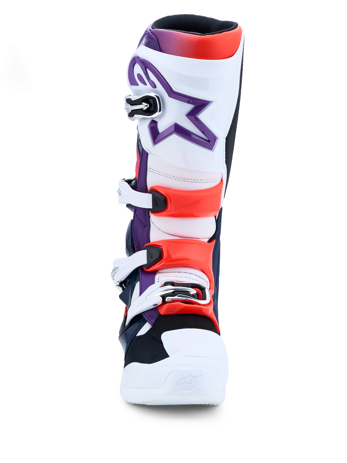 Alpinestars Tech 7 laarzen, motocrosslaarzen, paars, wit en fluorood, TPU-bescherming, CE-gecertificeerd, met gespsluitingen.