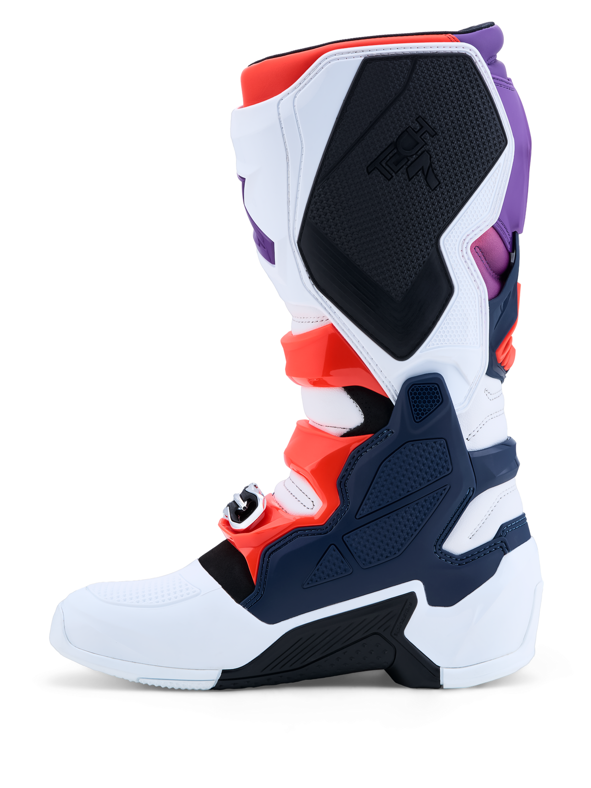 Alpinestars Tech 7 herenmotorcrosslaarzen in paars, wit en donkerblauw met rood fluo TPU-beschermingsplaten.