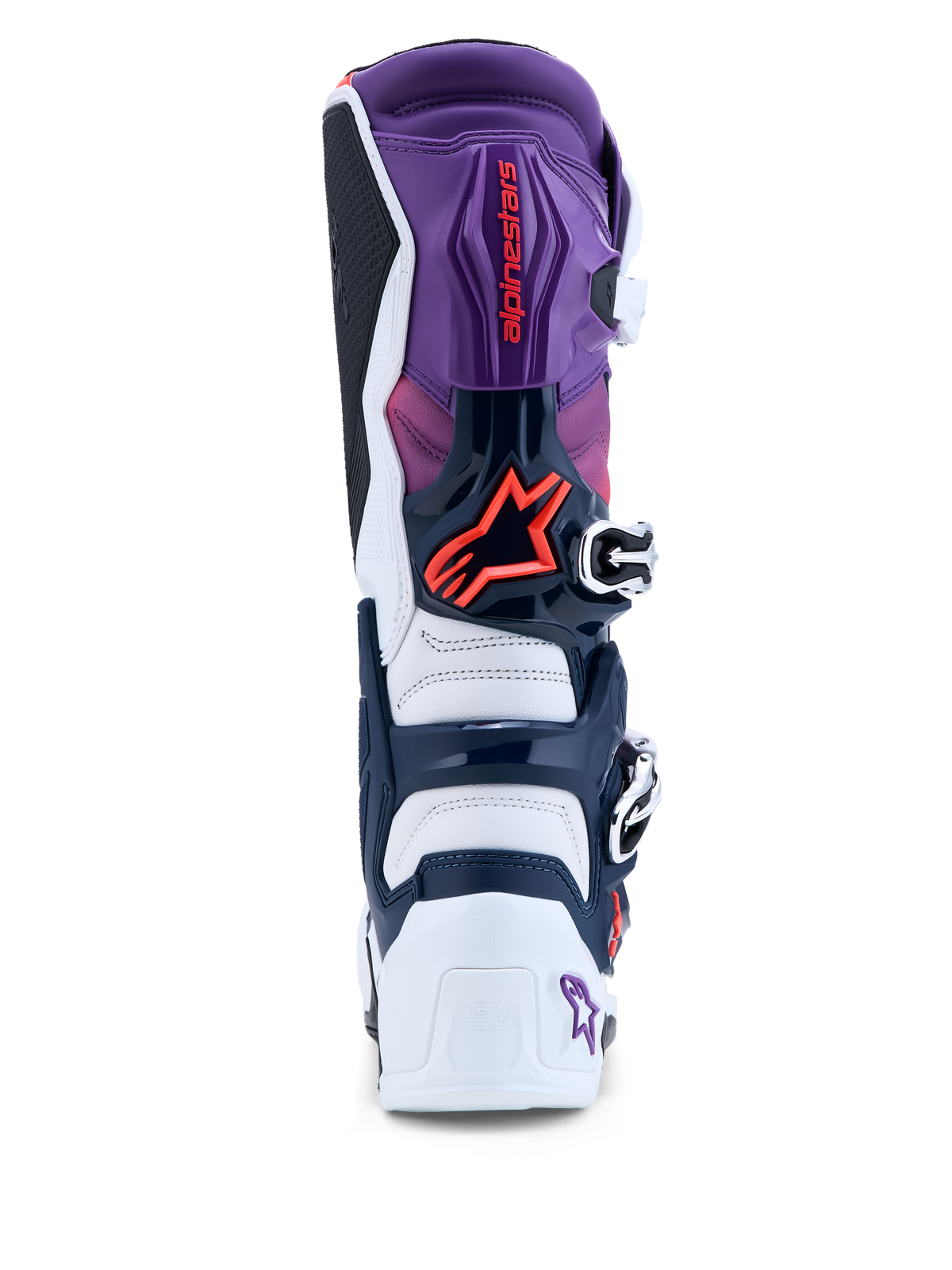 Alpinestars Tech 7 laarzen, herenmotorcrosslaarzen, achteraanzicht in paars en wit met fluo rode TPU-bescherming.
