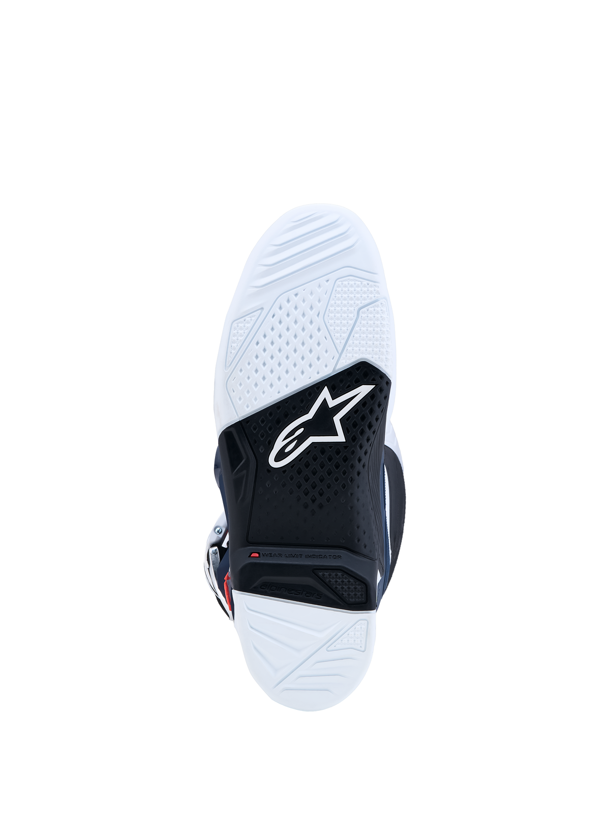 Alpinestars Tech 7 motorlaarzen, wit en zwarte dubbel samengestelde rubberen zool met rode slijtage-indicator, ontworpen voor motorcross en off-road rijden.