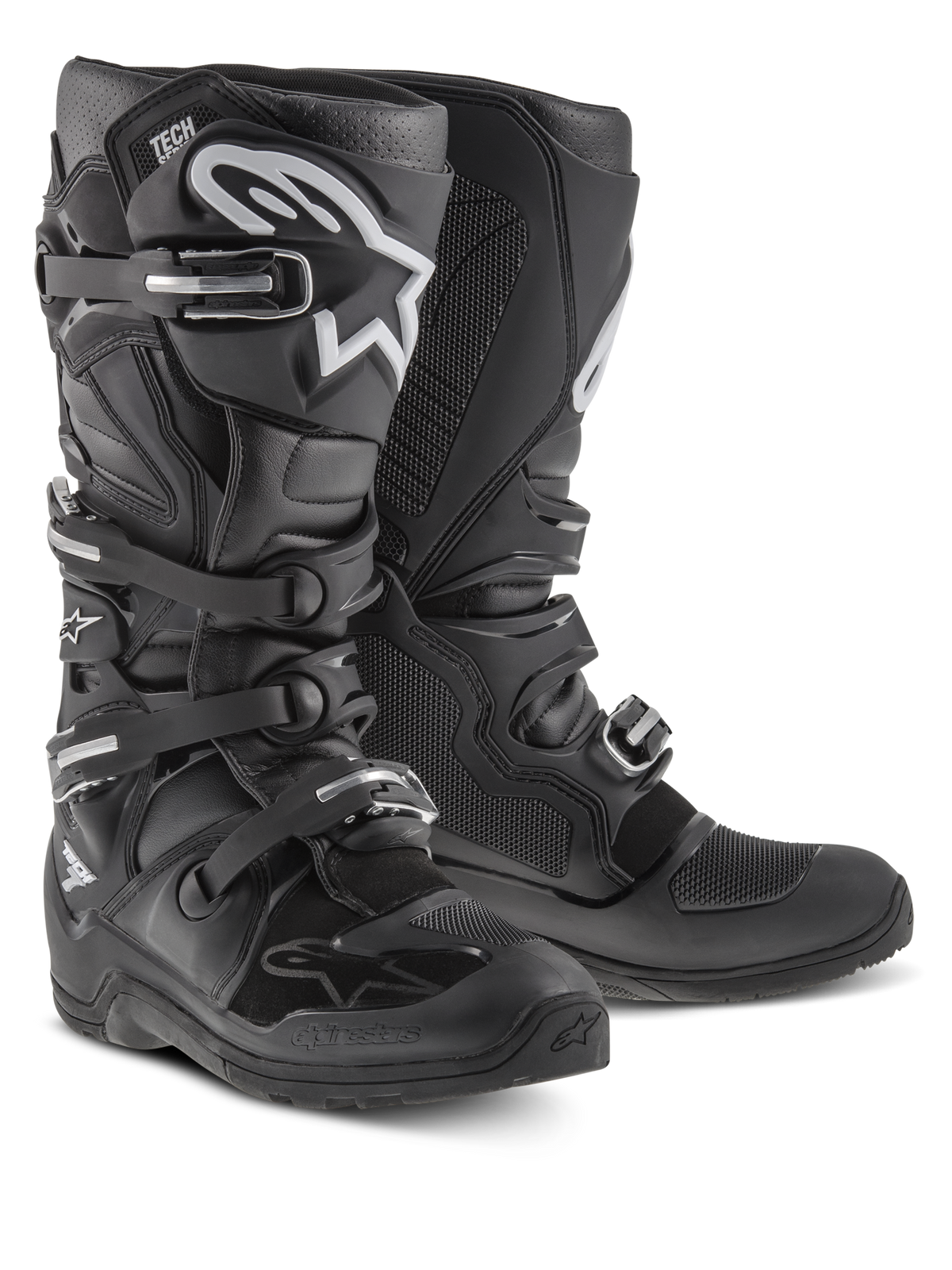 Alpinestars Tech 7 Enduro Boots, Motocross and Off-Road Boots, Black with white Alpinestars logo, featuring four adjustable buckles, TPU shin plate, and durable Enduro-specific sole.