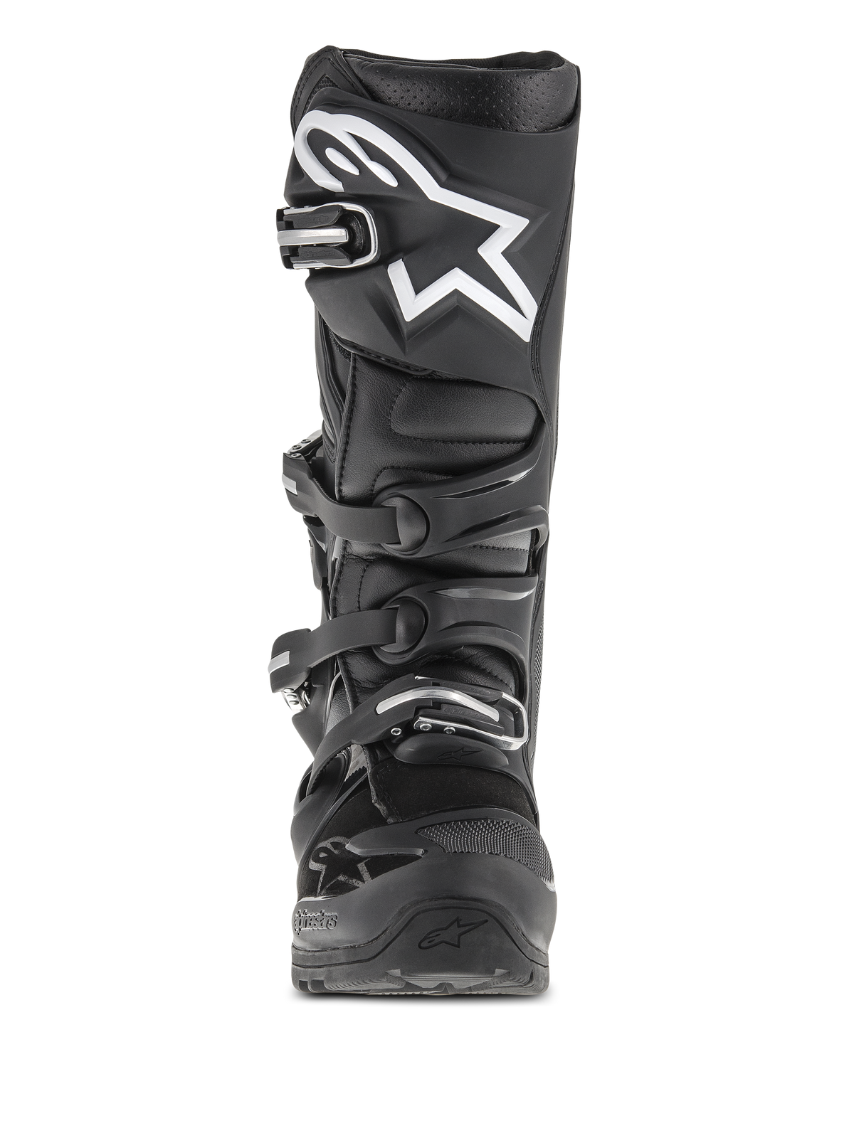 Alpinestars Tech 7 Enduro Boots, Motocross and Enduro Boots, Black, front-facing view featuring a white star logo on the shin, four-buckle closure system, and reinforced protective structure for off-road use