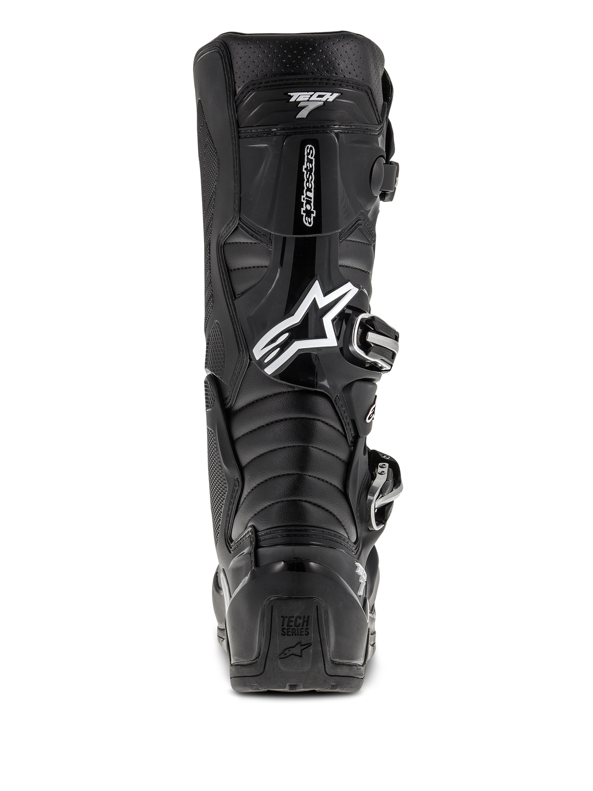 Alpinestars Tech 7 Enduro Boots, Black, Rear view featuring white Astars logo and "Tech 7" branding, protective TPU shell with buckle system, durable construction for off-road and motocross racing