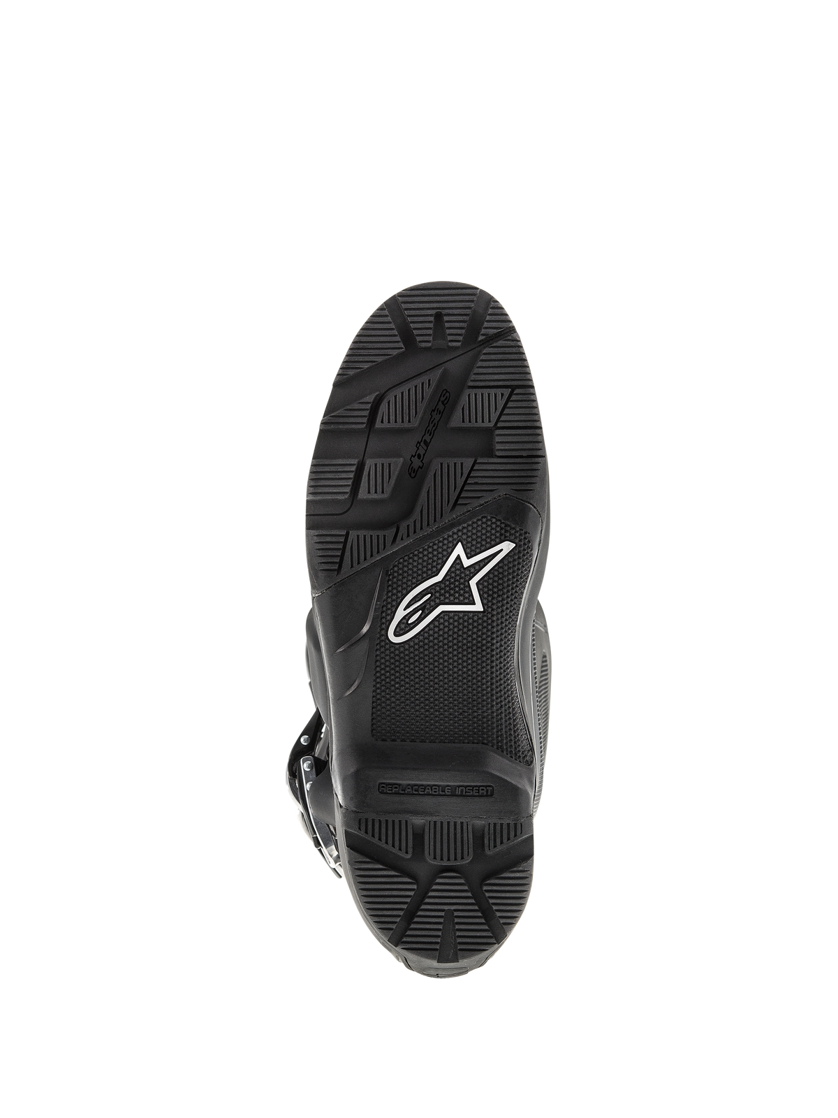 Alpinestars Tech 7 Enduro Boots, Black, bottom view of the sole, featuring a rugged tread pattern for Enduro riding, white star logo, and replaceable footpeg insert.