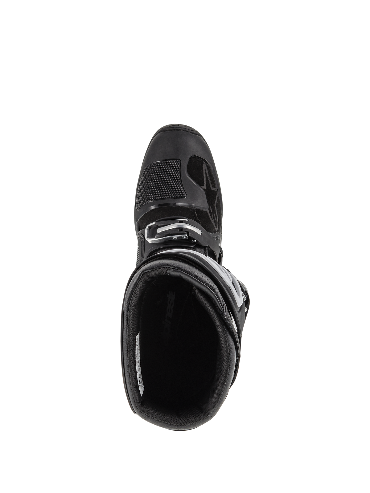 Alpinestars Tech 7 Enduro Boots, Motocross Boots, Black, top-down view looking into the padded interior, showing the adjustable buckle closure and reinforced toe box with a textured shift pad.