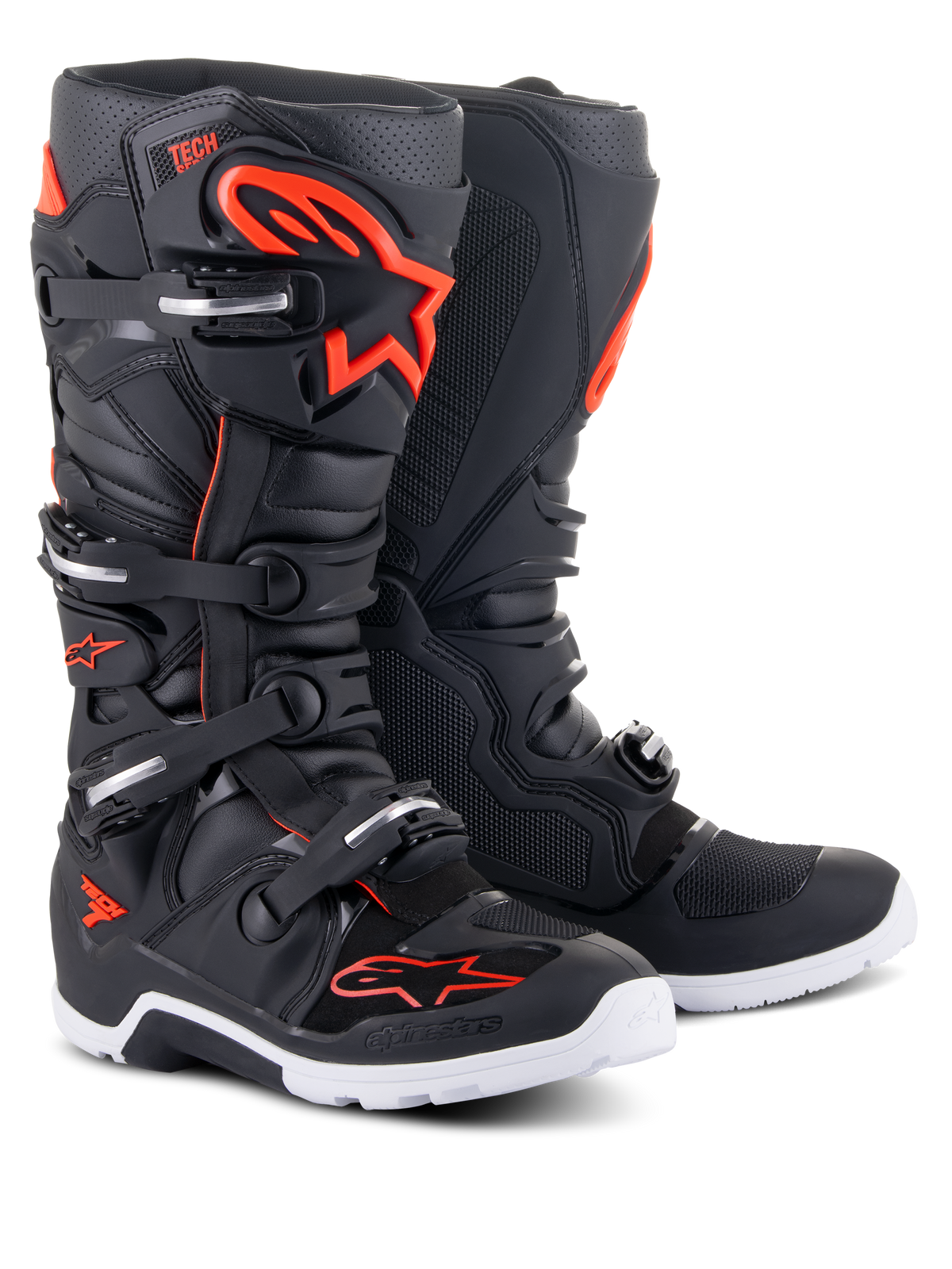 Alpinestars Tech 7 Enduro laarzen, motorcrosslaarzen, zwart en fluorood, voorzien van een witte zool, sluitingssysteem met vier gespen en versterkte beschermende panelen met opvallende rode Alpinestars-branding