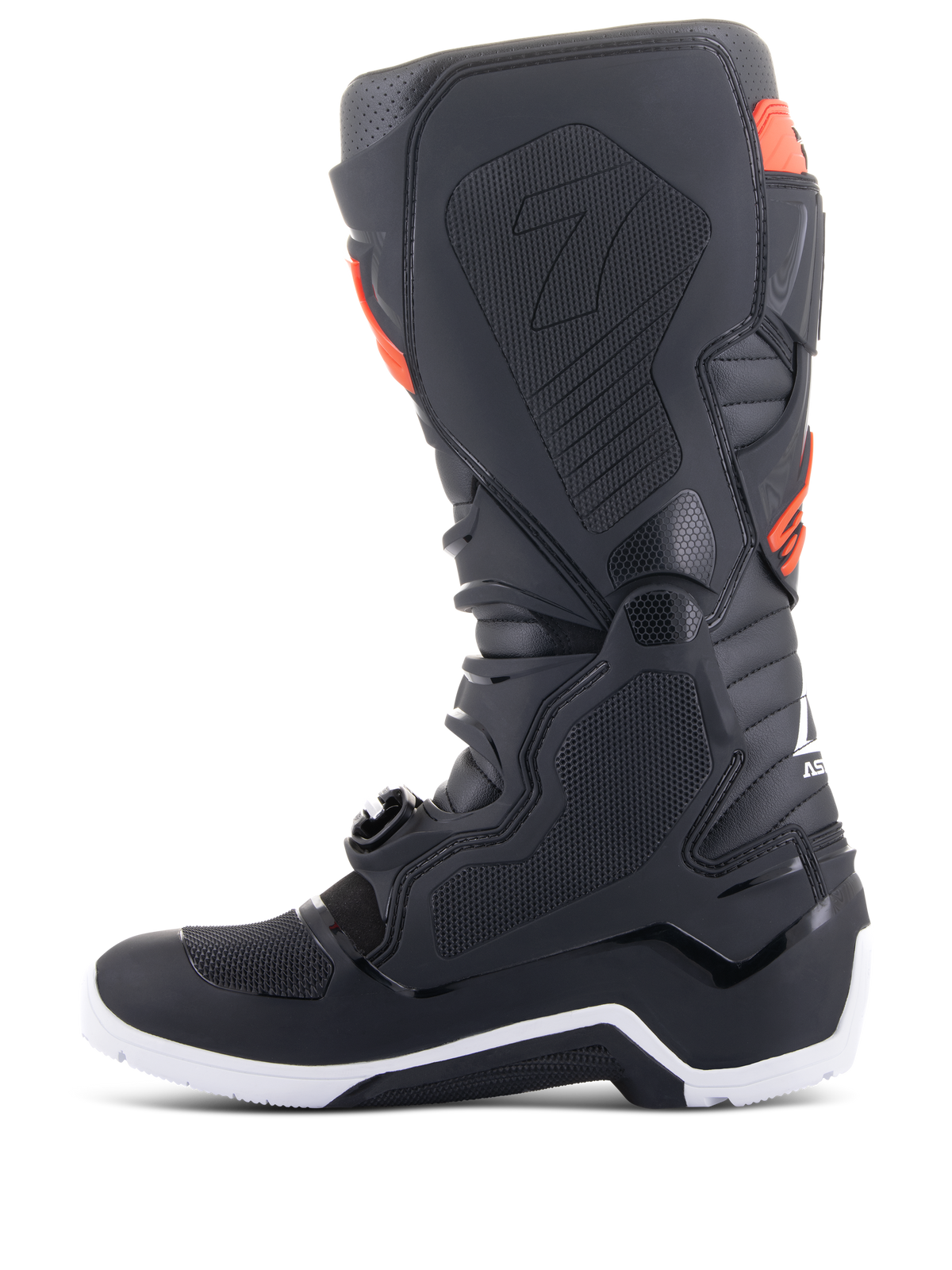 Alpinestars Tech 7 Enduro laarzen, zwart en fluorrood, binnenzijde zijaanzicht met honingraat grippanelen en witte zool, hoogwaardige off-road motorlaarzen