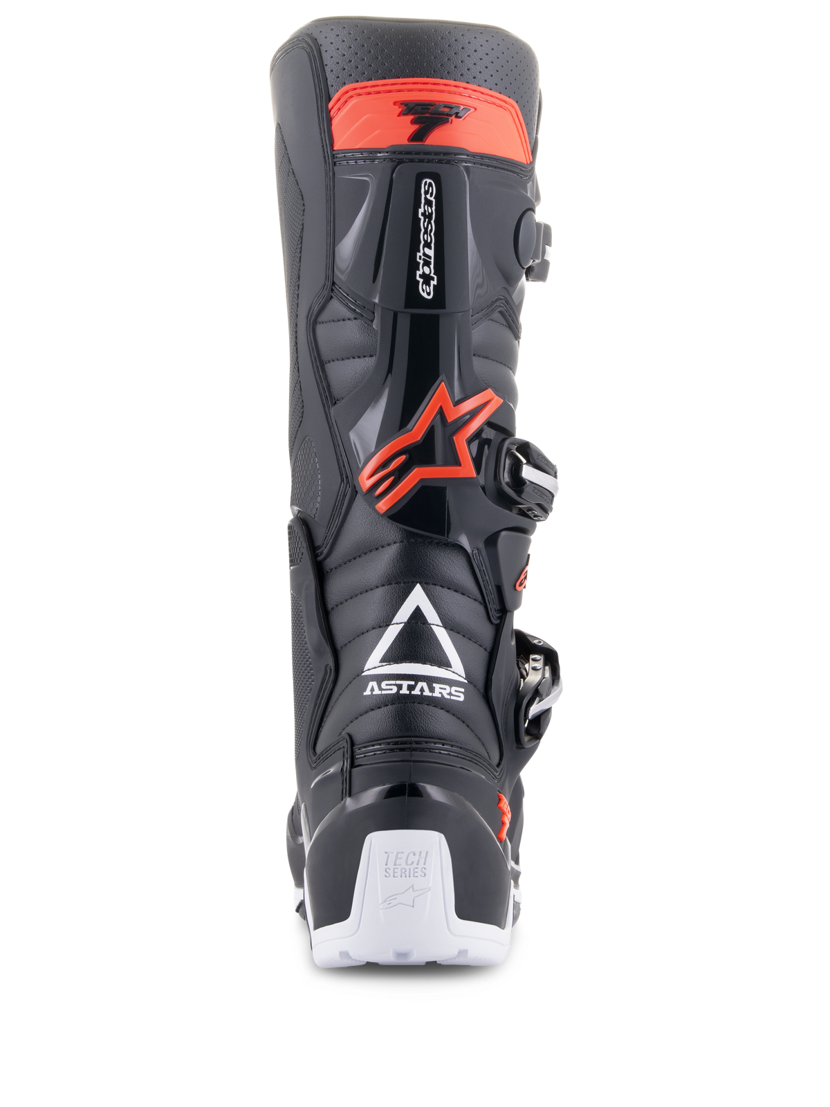 Alpinestars Tech 7 Enduro laarzen, zwart en fluo rood, achteraanzicht met wit ASTARS-logo, rode TPU kuitbescherming en witte hieldetails, duurzame off-road motorlaarzen