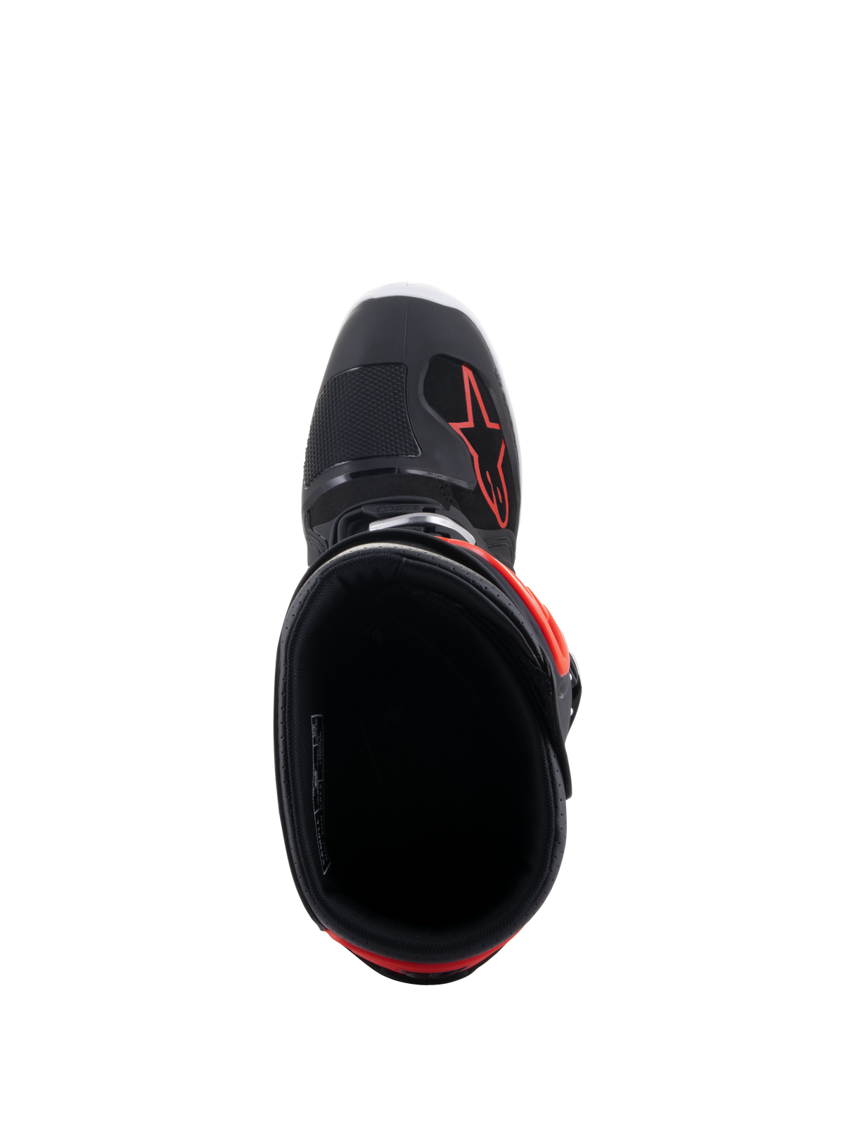 Alpinestars Tech 7 Enduro laarzen, zwart en fluo rood, bovenaanzicht met inkijk in de opening van de laars, voorzien van zwarte binnenvoering en rood ster-logo op de voorvoet