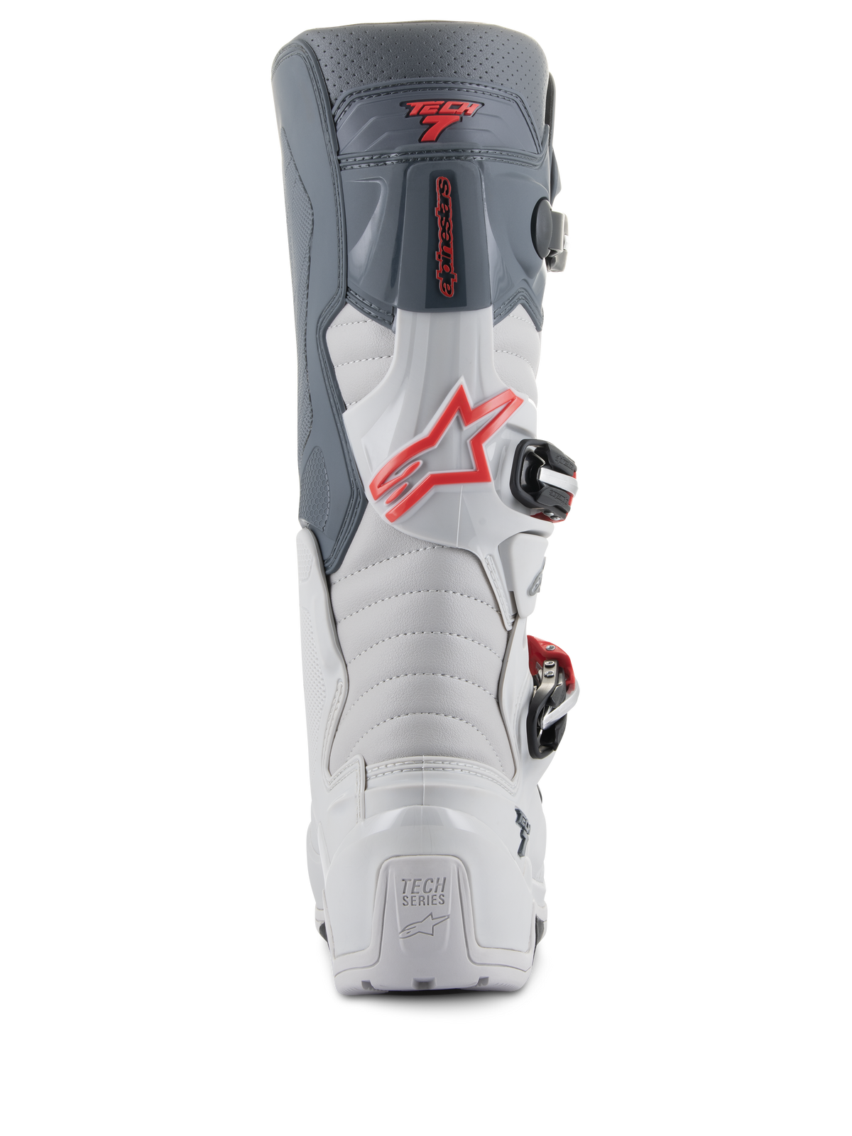 Alpinestars Tech 7 Enduro laarzen, achteraanzicht, lichtgrijs en donkergrijs met felrode accenten, voorzien van een verstevigde hiel met 'TECH SERIES' branding, een rood sterlogo en een duurzaam gespsluitingssysteem.