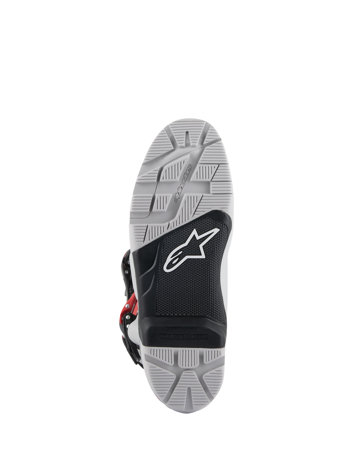 Alpinestars Tech 7 Enduro laarzen, aanzicht buitenzool, grijze en zwarte dual-compound zool met wit sterlogo, diep geprofileerd loopvlak voor maximale off-road grip, vervangbaar voetsteuninzetstuk voor duurzaamheid bij enduro- en off-road-rijden