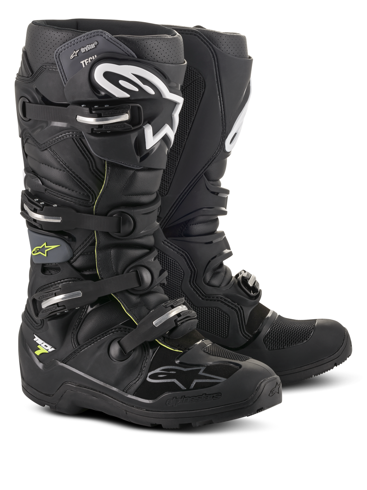 Bottes Alpinestars Tech 7 Enduro Drystar®, chaussures professionnelles de motocross et d'enduro, noir et gris avec logos blancs et boucles argentées, conception imperméable robuste avec semelles haute résistance pour performances tout-terrain