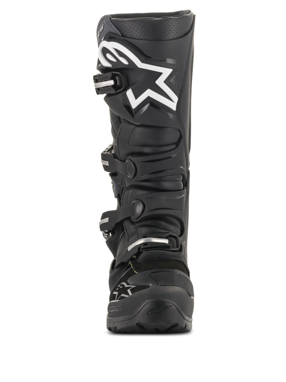 Bottes Alpinestars Tech 7 Enduro Drystar®, bottes de motocross noires, vue de face avec un grand logo étoile blanc sur le tibia, système de fermeture à quatre boucles, construction robuste en TPU pour l'enduro et le tout-terrain
