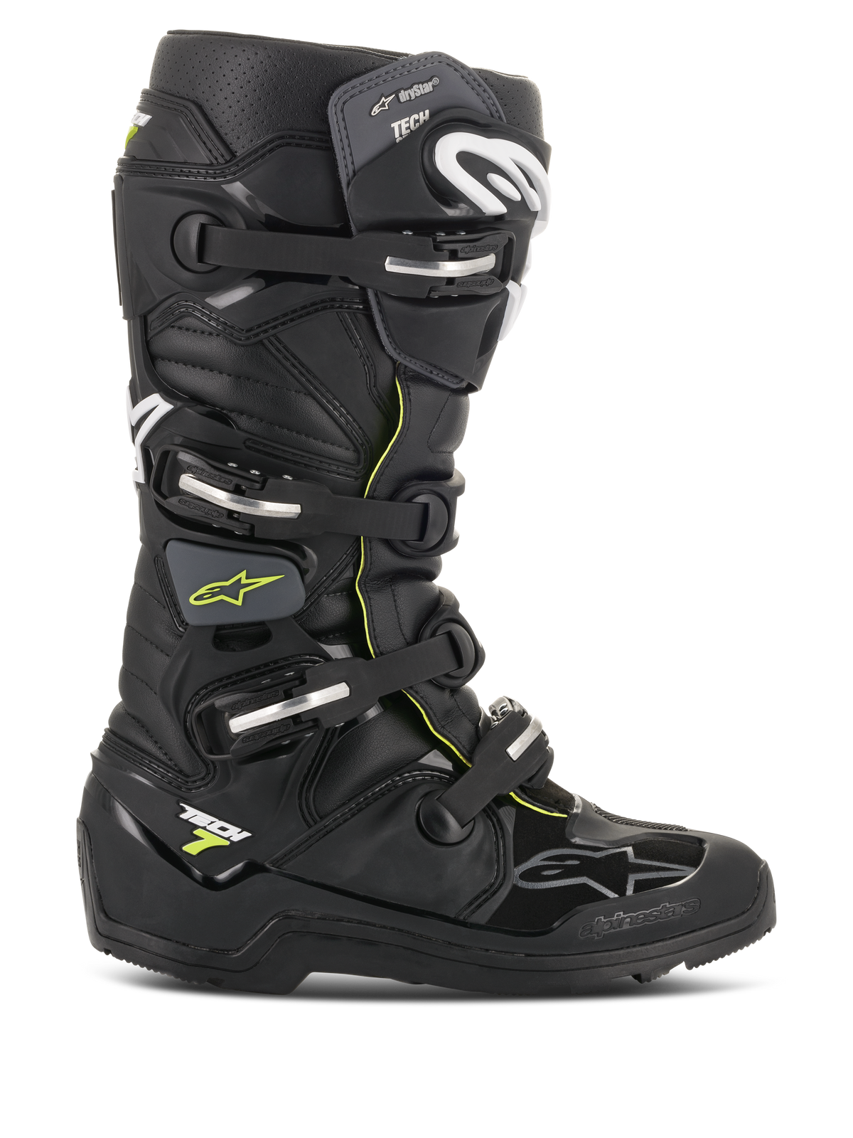 Bottes Alpinestars Tech 7 Enduro Drystar, noires avec accents jaune fluorescent, bottes de moto tout-terrain imperméables dotées de quatre boucles argentées, d'une semelle robuste à haute adhérence et d'une construction protectrice en TPU pour la pratique de l'enduro