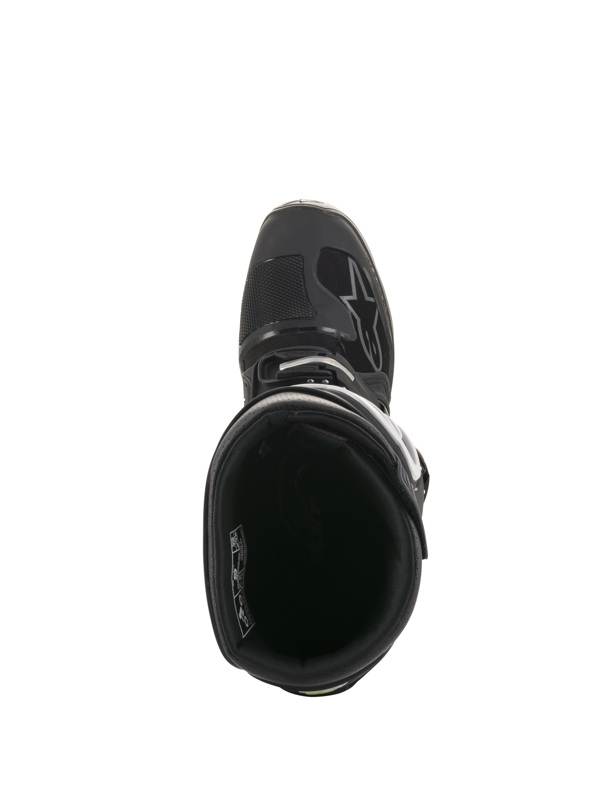 Bottes Alpinestars Tech 7 Enduro Drystar®, vue de dessus sur la doublure intérieure et le col de cheville rembourré, chaussures techniques tout-terrain noir et gris avec système de boucles sécurisé