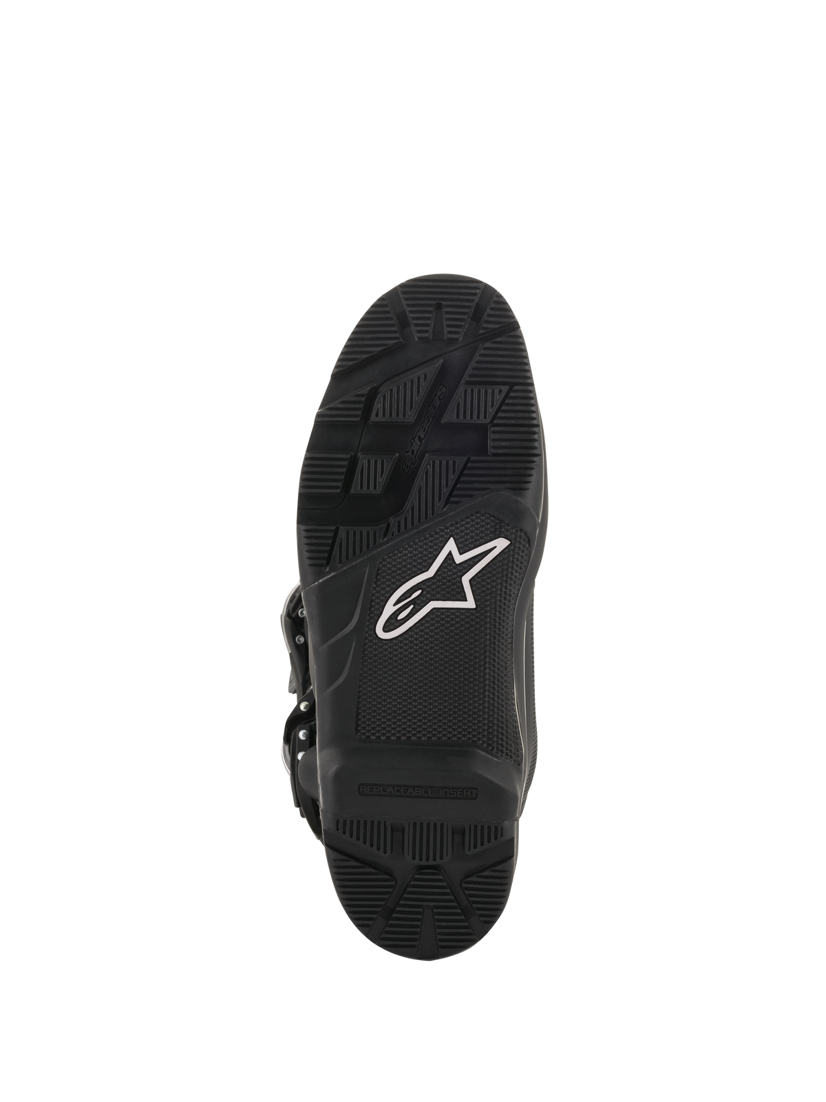 Bottes Alpinestars Tech 7 Enduro Drystar®, bottes de motocross et d'enduro, vue de la semelle en noir, composé de caoutchouc à haute adhérence avec logo étoile blanc et insert remplaçable pour des performances tout-terrain durables