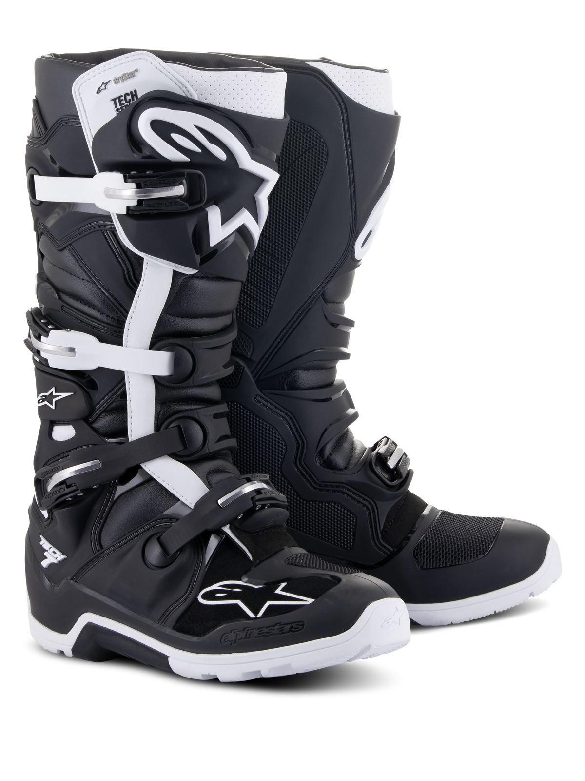 Bottes Alpinestars Tech 7 Enduro Drystar®, bottes de moto tout-terrain, noir et blanc, dotées d'une membrane imperméable, d'un système de fermeture à boucles multiples et d'une semelle robuste spécifique à l'enduro pour des performances tout-terrain
