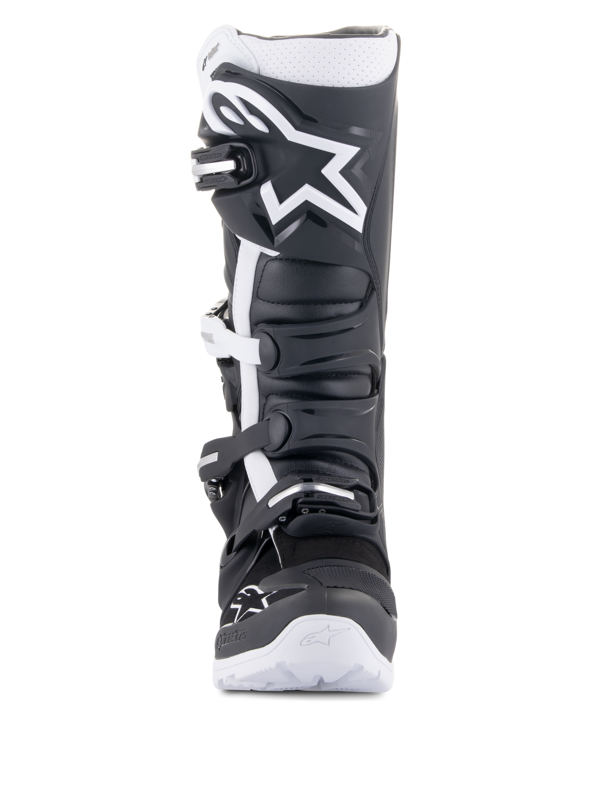 Bottes Alpinestars Tech 7 Enduro Drystar®, bottes de moto enduro, noir et blanc, dotées d'un grand logo Alpinestars blanc sur la plaque tibiale, un système de fermeture à quatre boucles et une semelle blanche robuste, conçues pour la performance tout-terrain