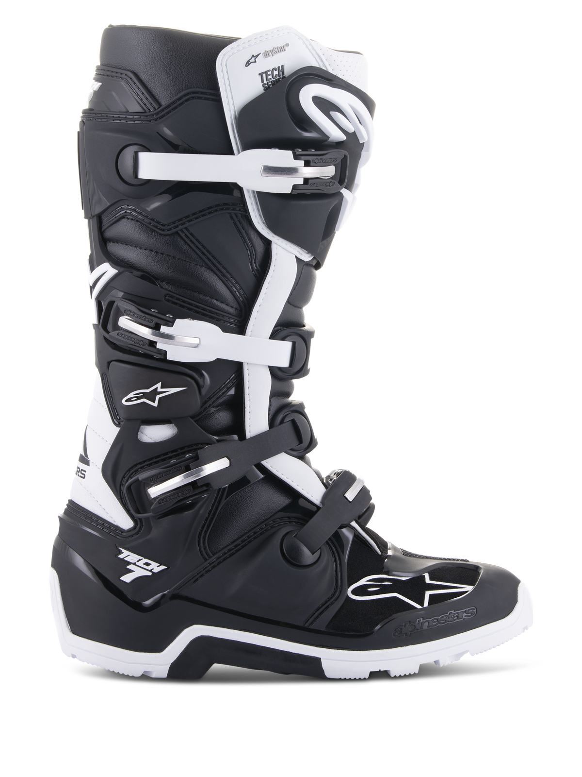 Bottes Alpinestars Tech 7 Enduro Drystar, bottes de moto d'enduro et de tout-terrain, noires et blanches, système de fermeture à quatre boucles, marquage de la membrane imperméable Drystar, semelle robuste pour une adhérence tout-terrain, panneaux de protection en TPU durable avec logos Alpinestars