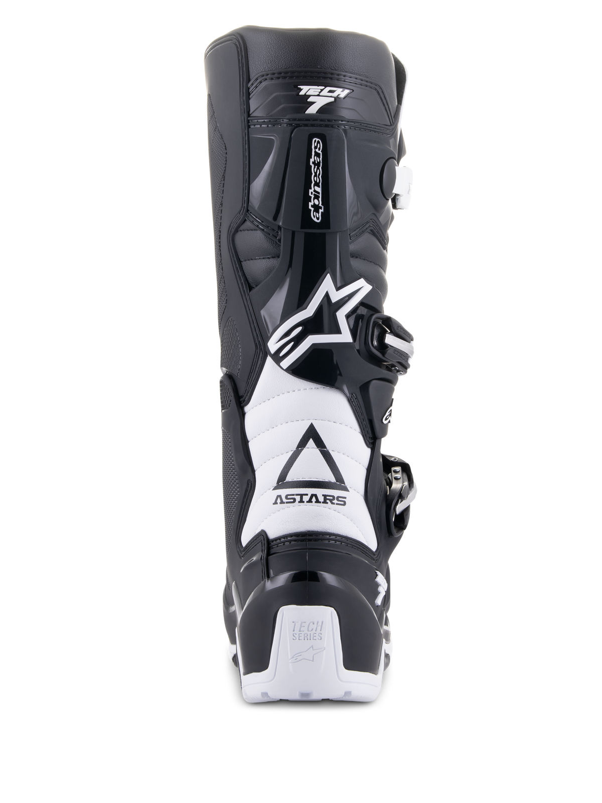 Bottes Alpinestars Tech 7 Enduro Drystar, noir et blanc, vue arrière présentant la structure de protection en TPU, les zones de flexion en accordéon blanches et le système de fermeture à boucles, avec logos Alpinestars sur le talon et la partie supérieure