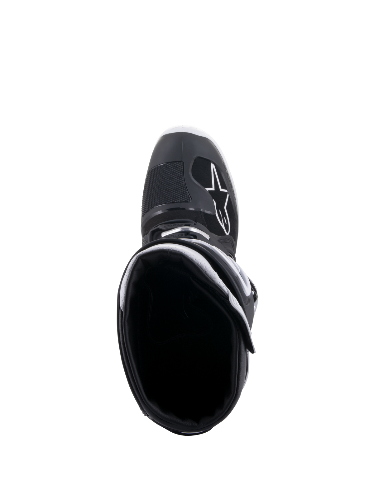 Bottes Alpinestars Tech 7 Enduro Drystar®, noir et blanc, vue de dessus de l'ouverture de la botte, logo A-star blanc sur la pointe, doublure de col blanche, conception imperméable haute performance pour la pratique de l'enduro