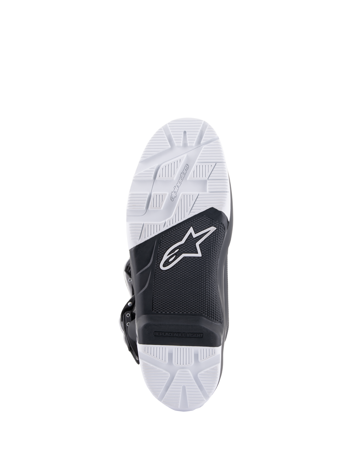 Bottes Alpinestars Tech 7 Enduro Drystar®, vue détaillée de la semelle, composé de caoutchouc double densité noir et blanc à haute adhérence, avec logo Alpinestars et insert de repose-pied remplaçable, conçue pour une traction tout-terrain et enduro