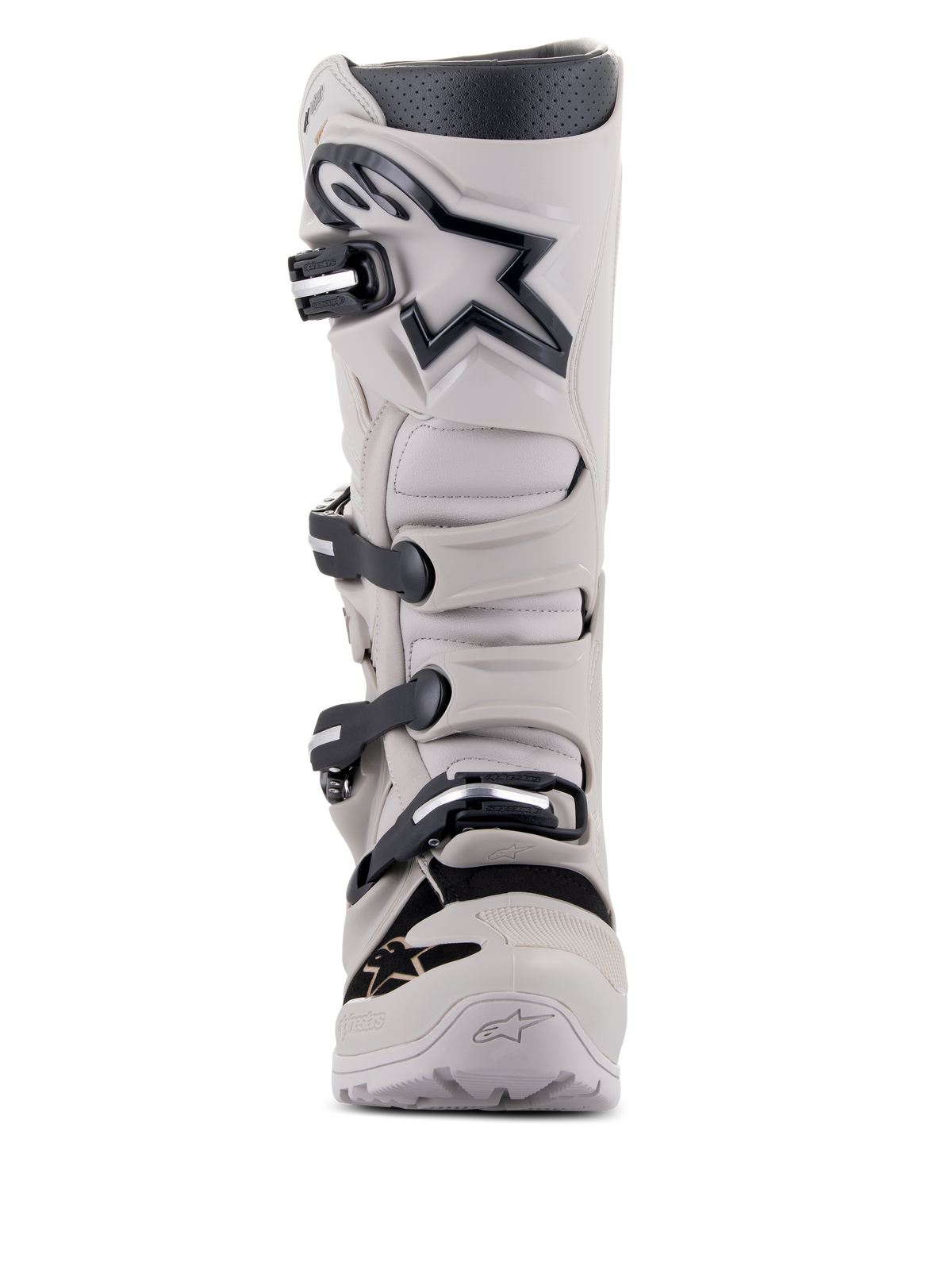 Bottes Alpinestars Tech 7 Enduro Drystar®, bottes de moto enduro et tout-terrain, gris sable, gris clair avec accents et logo noirs, système de fermeture à quatre boucles, plaque de tibia renforcée, design robuste pour une performance par tous les temps
