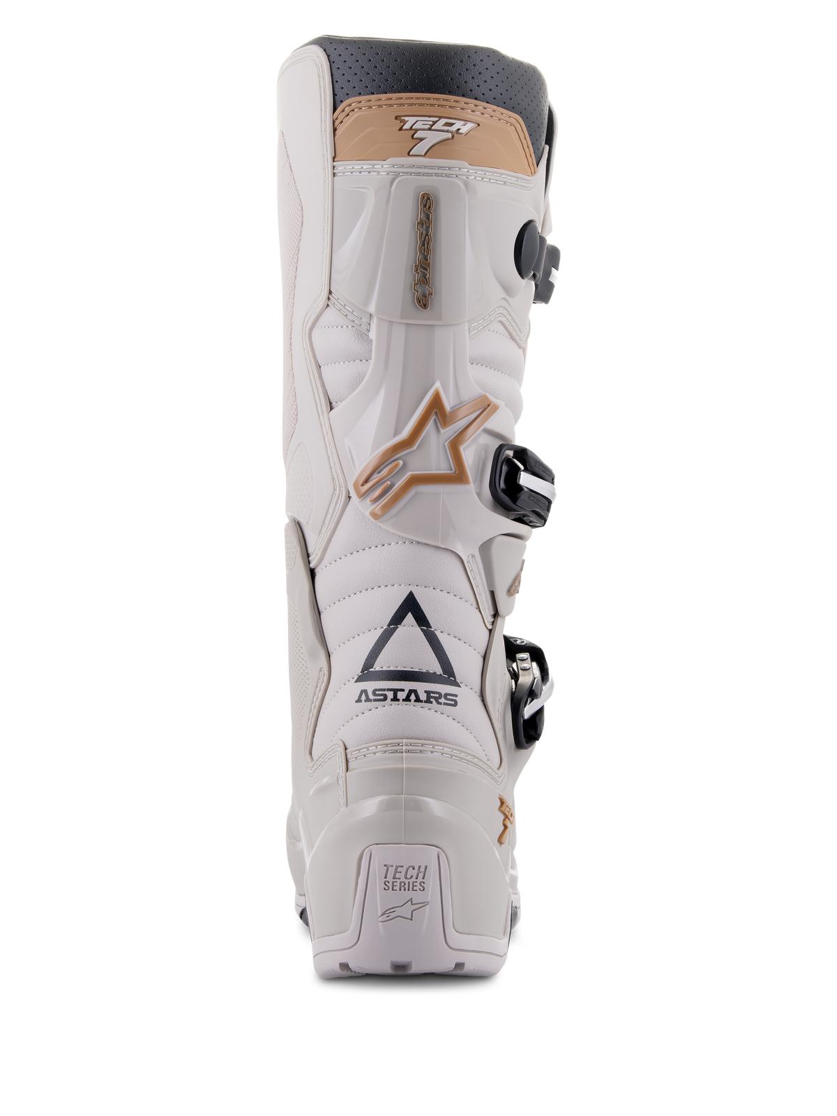 Bottes Alpinestars Tech 7 Enduro Drystar®, Gris Sable, vue arrière mettant en évidence le marquage ASTARS et la plaque de talon TECH SERIES, châssis en TPU gris clair avec des accents beige et des boucles noires, conçues pour la pratique de l'enduro