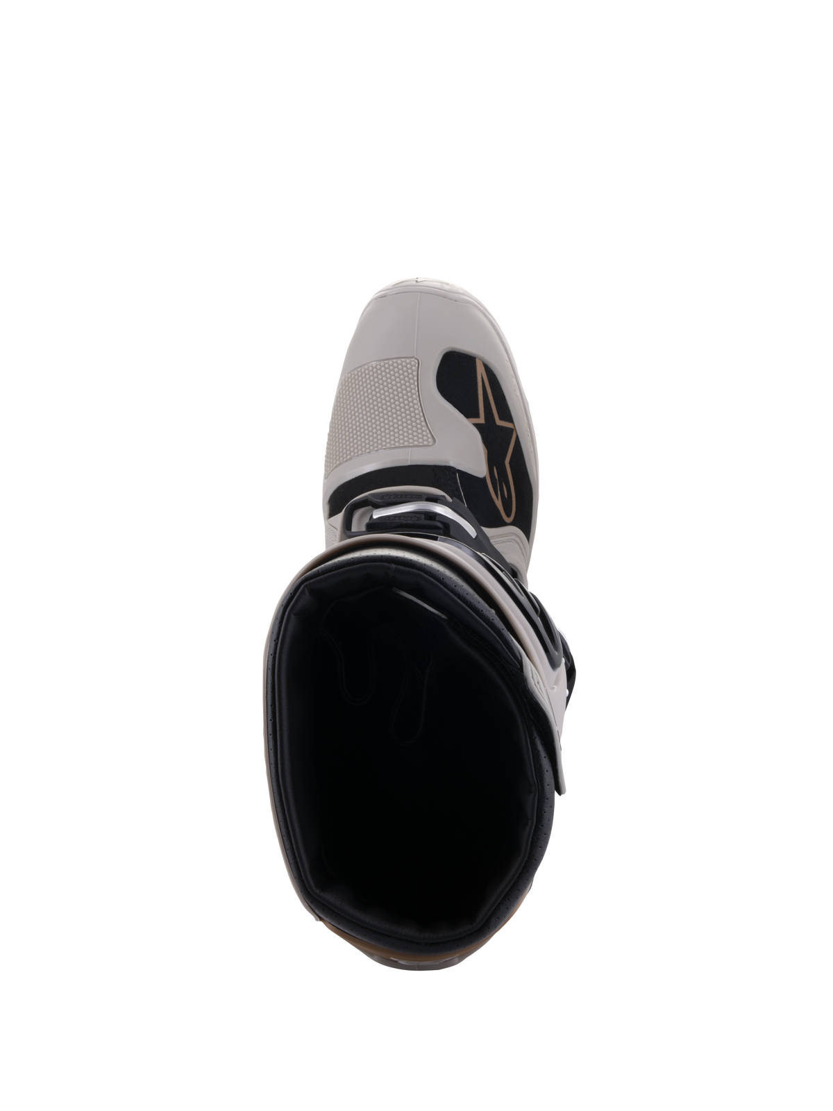 Bottes Alpinestars Tech 7 Enduro Drystar®, Gris Sable, vue de dessus de l'ouverture de la botte et de la pointe renforcée, avec détails noirs et logo Alpinestars, chaussures de moto tout-terrain imperméables