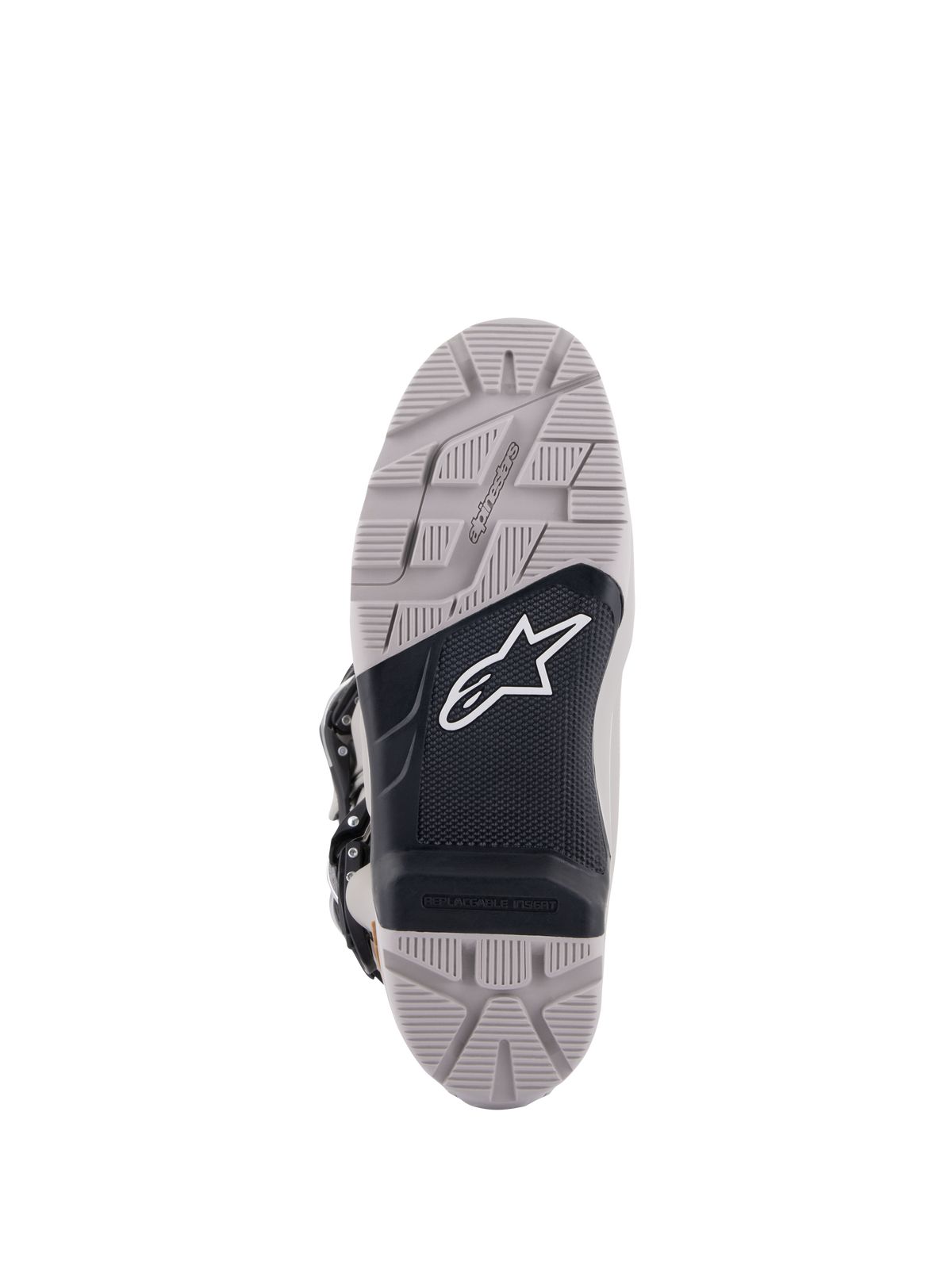 Bottes Alpinestars Tech 7 Enduro Drystar®, vue de la semelle, gris et noir, motif de semelle à haute adhérence avec un panneau central noir texturé, logo Astar blanc, dotées d'un insert remplaçable pour la durabilité et l'adhérence en pilotage enduro