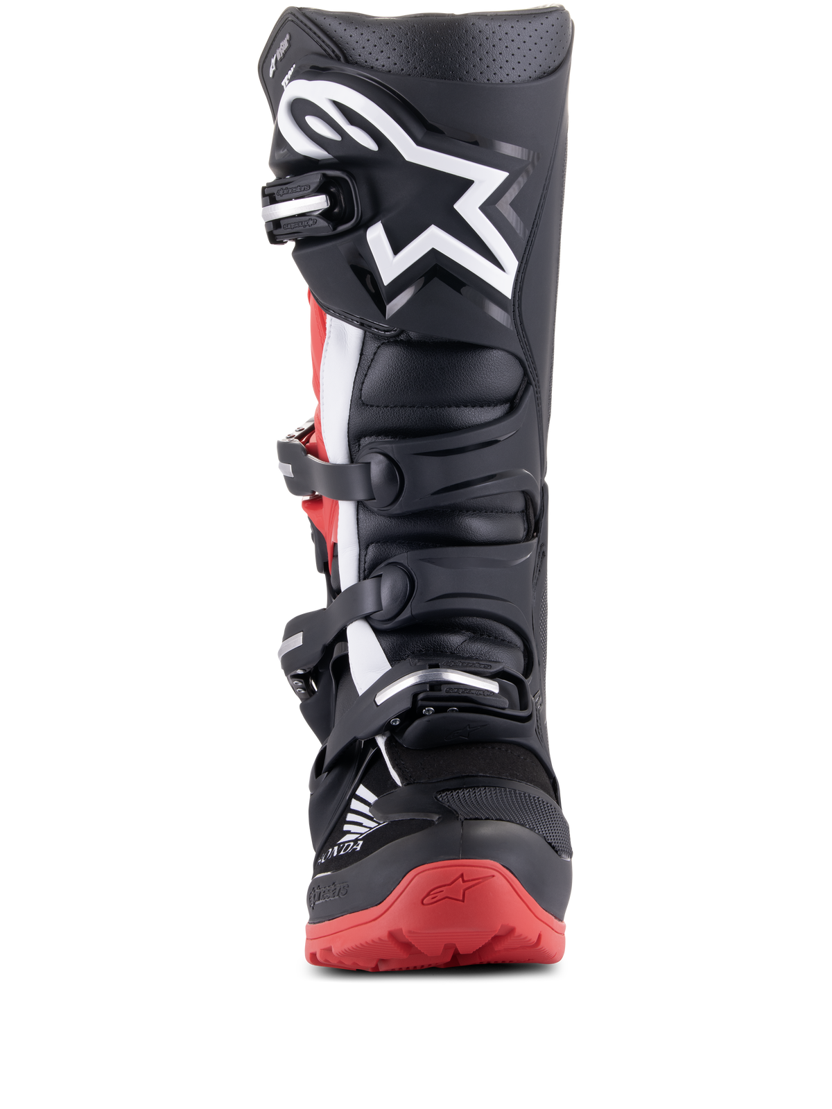 Alpinestars Honda Tech 7 Enduro Drystar Stiefel, Schwarz und Hellrot, Frontansicht mit Mehrfach-Schnallenverschlusssystem, großes weißes Stern-Logo auf dem Schienbein, rote Sohle mit Honda-Branding, wasserdichte Offroad-Motorradstiefel