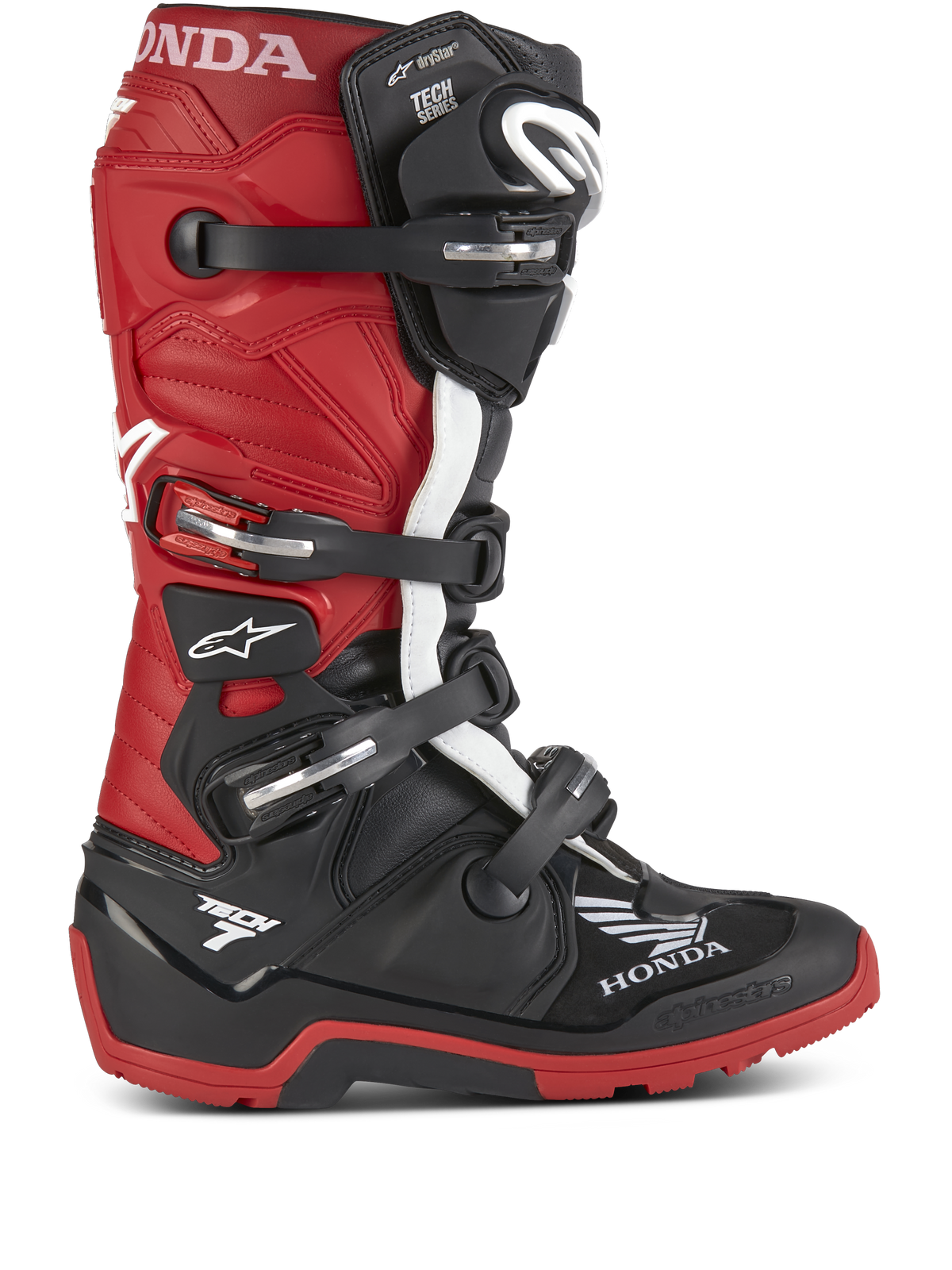 Alpinestars Honda Tech 7 Enduro Drystar® Stiefel, Motorrad-Enduro-Stiefel, Schwarz und Hellrot mit weißen Akzenten, mehrere verstellbare Schnallen, robuste Sohle für Offroad-Grip, wasserdichte Drystar®-Technologie, markantes Honda- und Tech 7-Branding