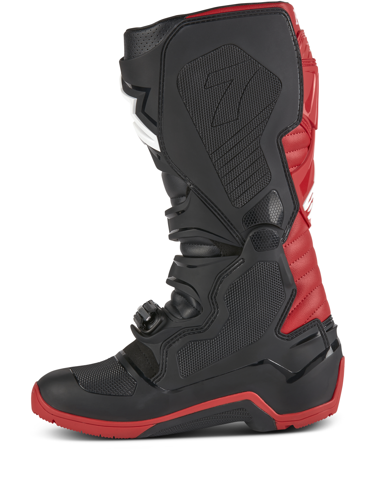 Alpinestars Honda Tech 7 Enduro Drystar® Stiefel, Motocross- und Enduro-Stiefel, Schwarz und Hellrot, Seitenansicht mit robusten Schnallen, TPU-Schutzplatten und einer roten verstärkten Sohle