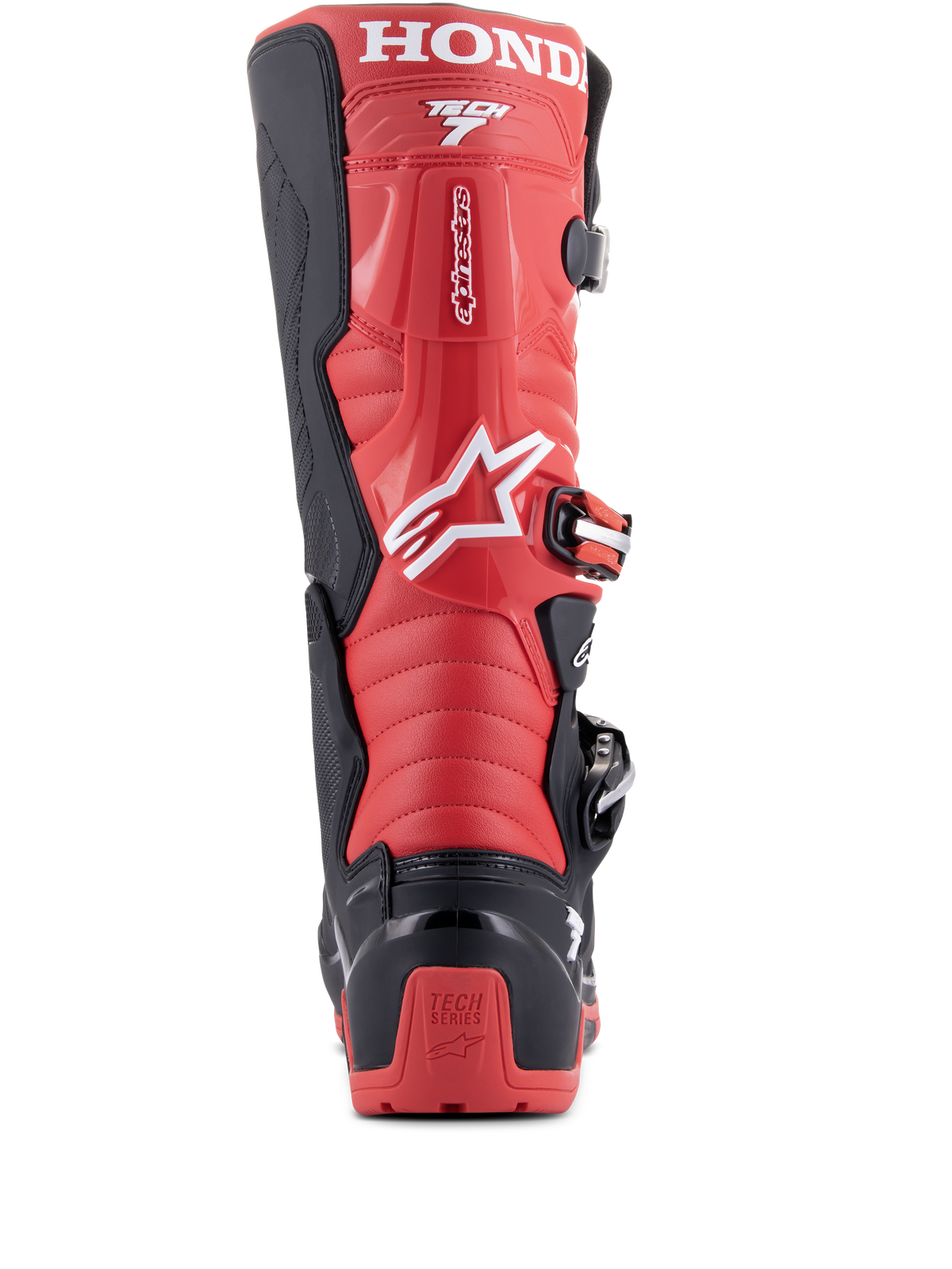 Alpinestars Honda Tech 7 Enduro Drystar® Stiefel, Schwarz und Hellrot, Rückansicht mit markantem HONDA-Branding an der oberen Wade, TPU-Fersenschutz mit Tech Series-Logo und sicherem Schnallenverschlusssystem