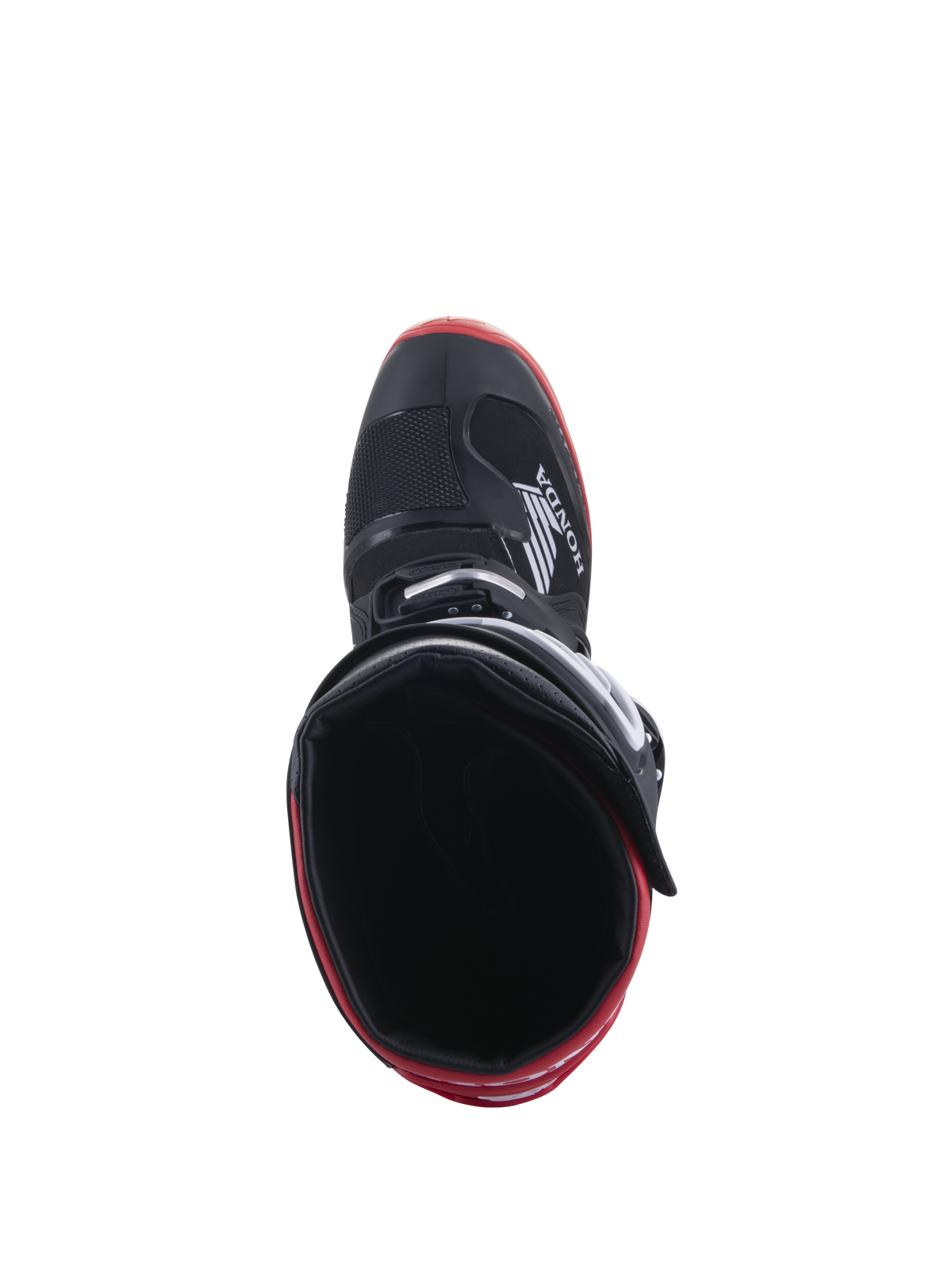 Honda Tech 7 Enduro Drystar® Stiefel, Schwarz und Hellrot, Draufsicht in das Stiefelinnere, mit Honda-Logo an der Seite, rote Akzente an der Sohle, wasserdichte Konstruktion für den Offroad-Einsatz