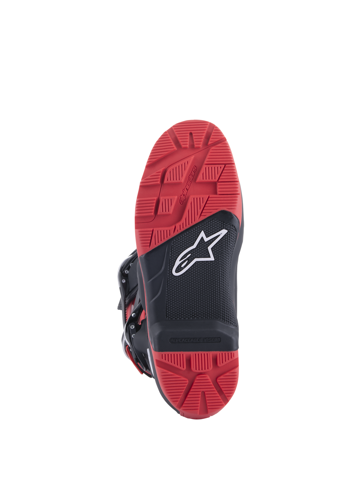 Honda Tech 7 Enduro Drystar® Stiefel, Schwarz und Hellrot, Sohlenansicht mit griffigem Profil, austauschbarer Einsatz, Gummikonstruktion mit doppelter Dichte, weißes Alpinestars-Logo auf schwarzem, texturiertem Panel.