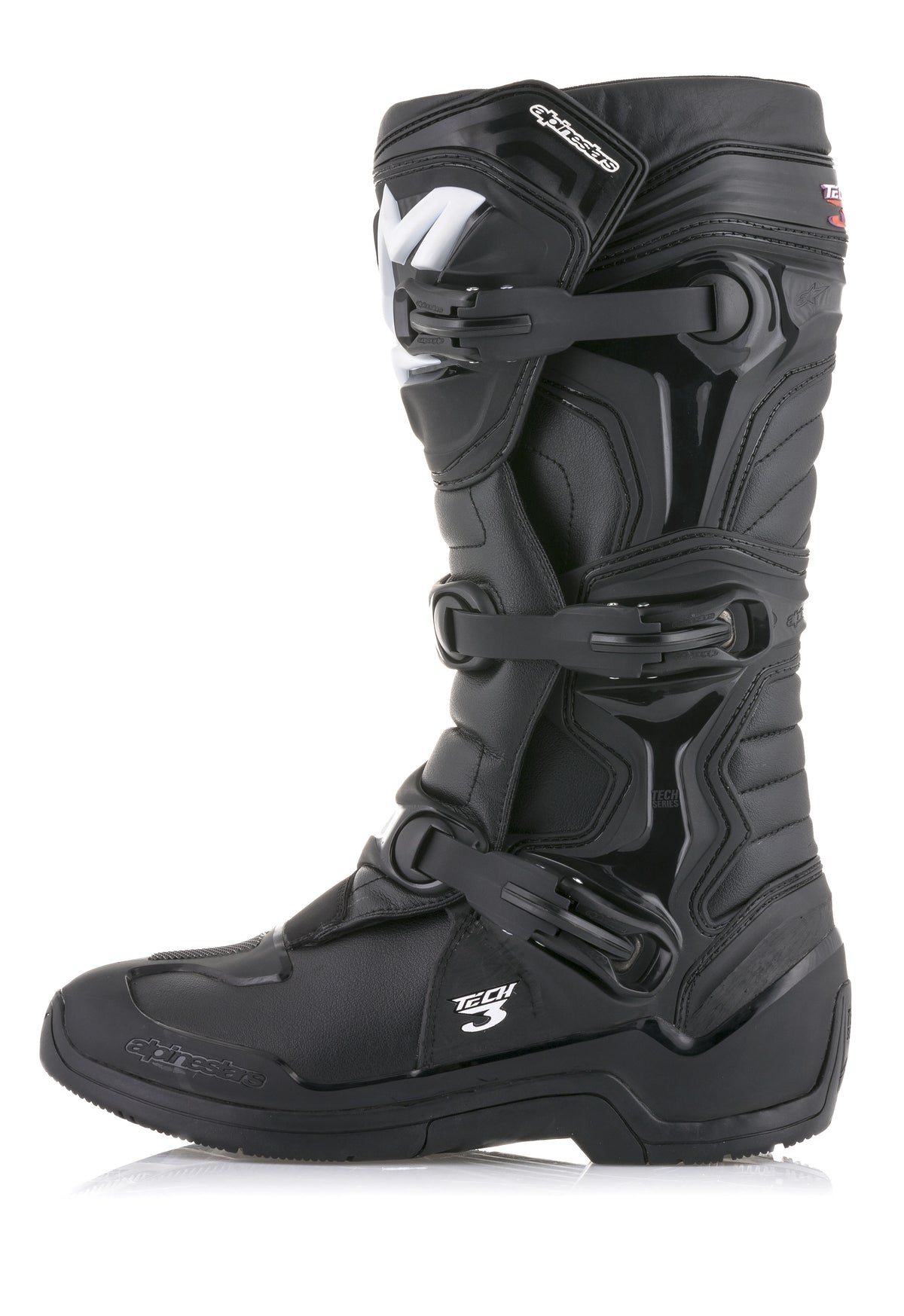 Alpinestars Tech 3 Boots, Black Motocross Boots, side profile view featuring triple buckle closure system, TPU protective panels, and durable microfiber upper for off-road performance