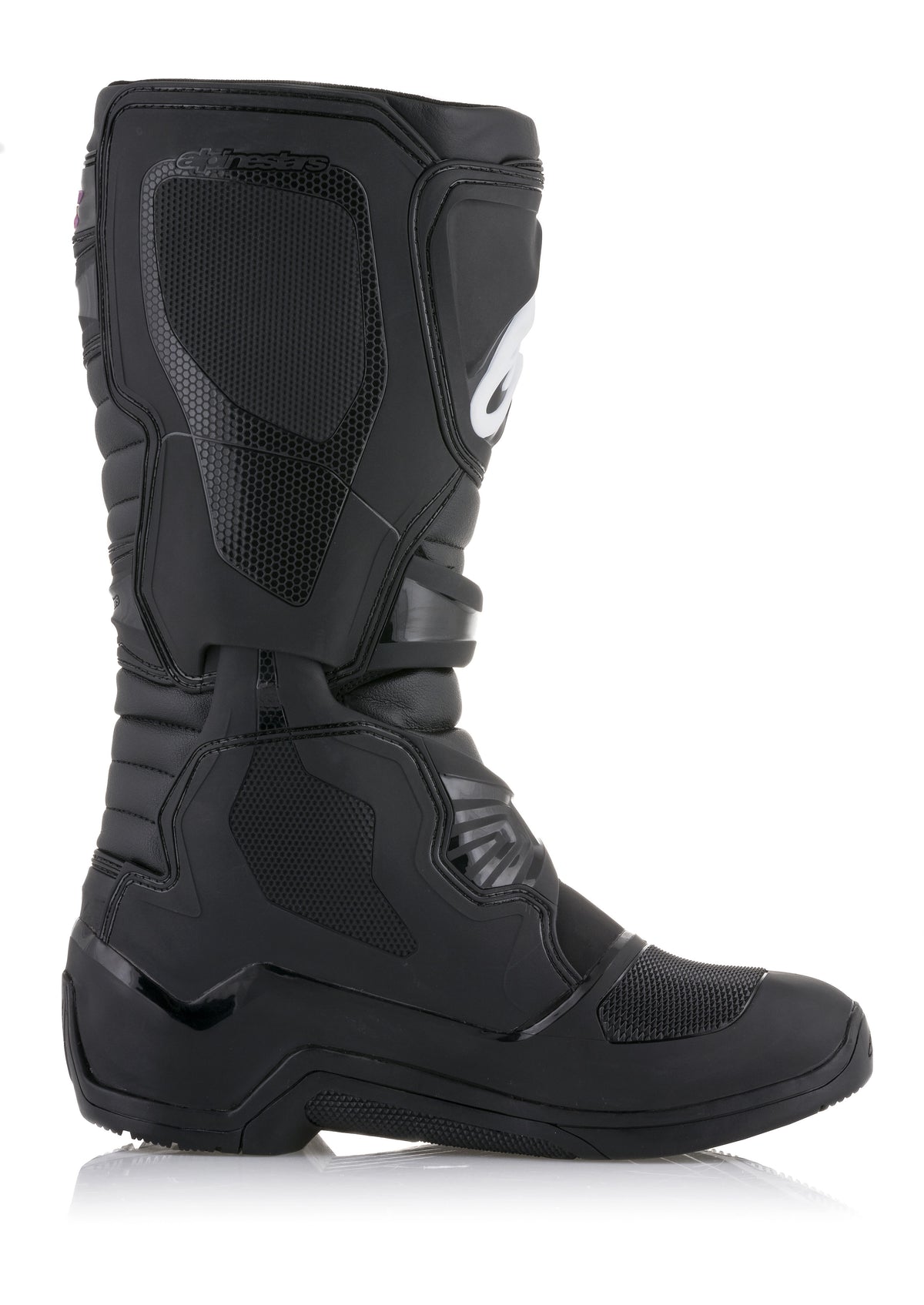 Alpinestars Tech 3 Boots, Motocross Boots, Black, side profile view featuring textured TPU protective panels and white Alpinestars logo, durable microfiber construction with flexible bellows, rugged sole for off-road performance