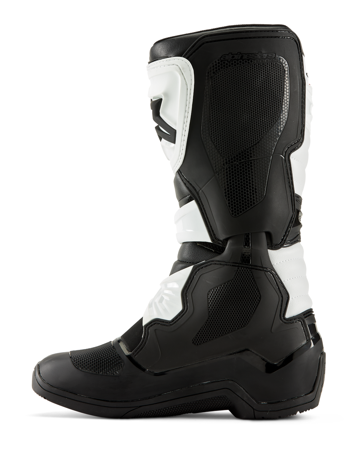 Alpinestars Tech 3 laarzen, motorcrosslaarzen, zwart en wit, mediaal zijprofiel voorzien van getextureerde grippanelen, TPU-protectoren en een duurzame microvezelconstructie, professionele off-road laarzen.