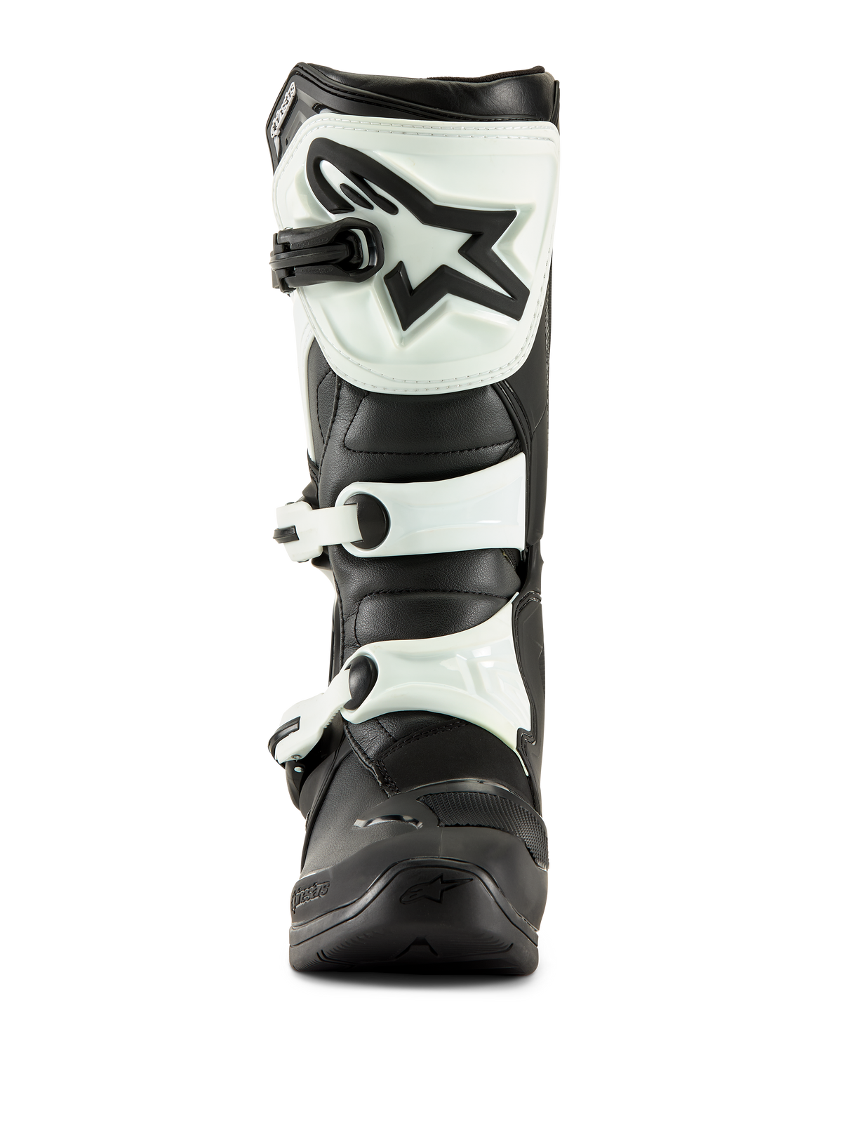 Alpinestars Tech 3 laarzen, motorcrosslaarzen, zwart en wit, vooraanzicht met witte TPU-scheenplaat met zwart sterlogo en witte gespriemen, duurzaam off-road schoeisel